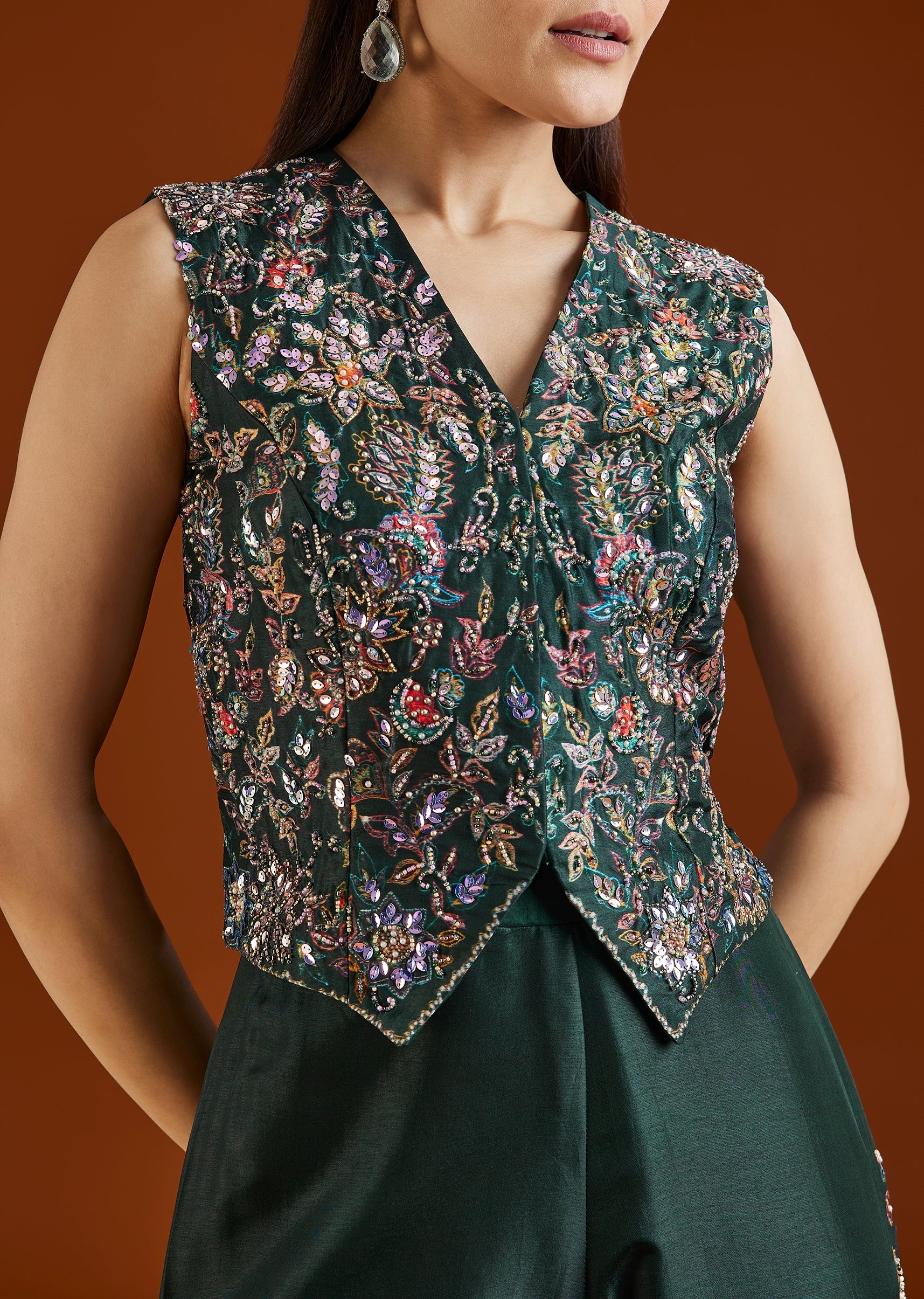 Green Printed Silk Blend Crop Top Palazzo Set - Image 2