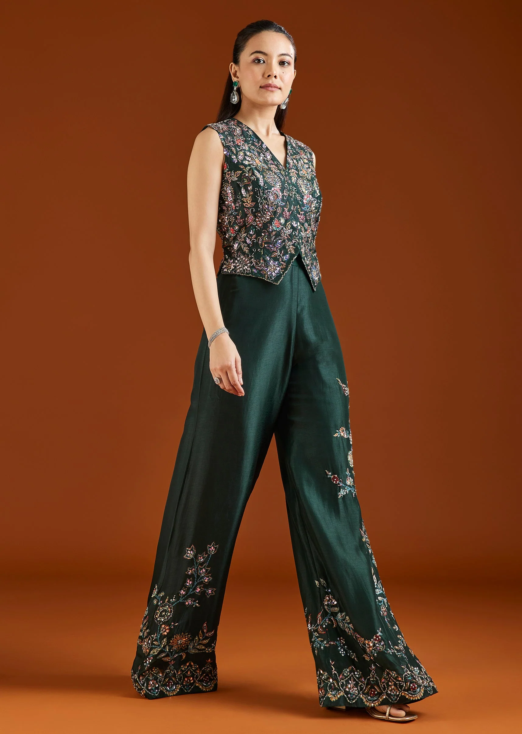 Green Printed Silk Blend Crop Top Palazzo Set - Image 3