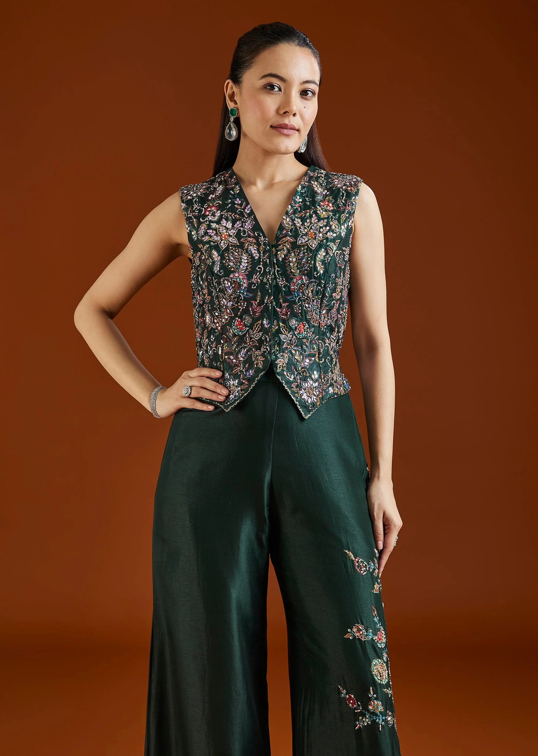 Green Printed Silk Blend Crop Top Palazzo Set - Image 5