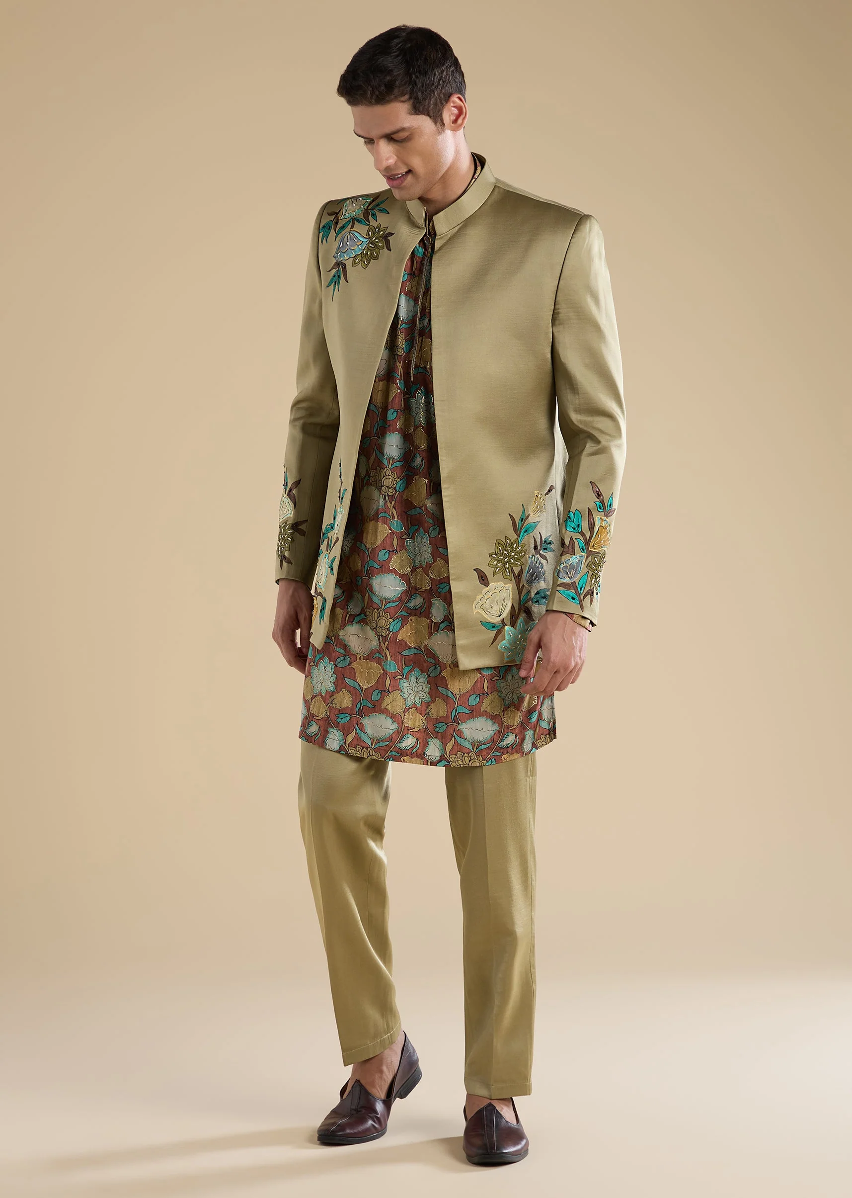 Green Printed Silk Jodhpuri Set