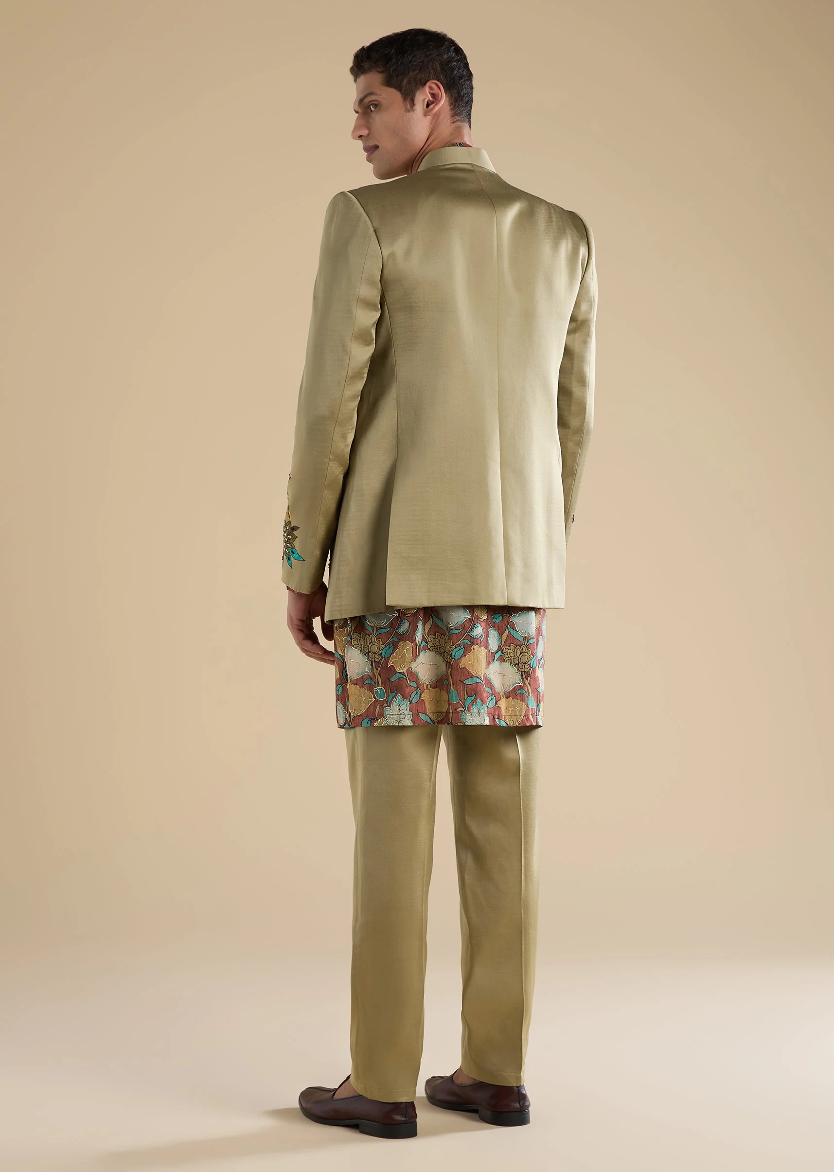 Green Printed Silk Jodhpuri Set - Image 5