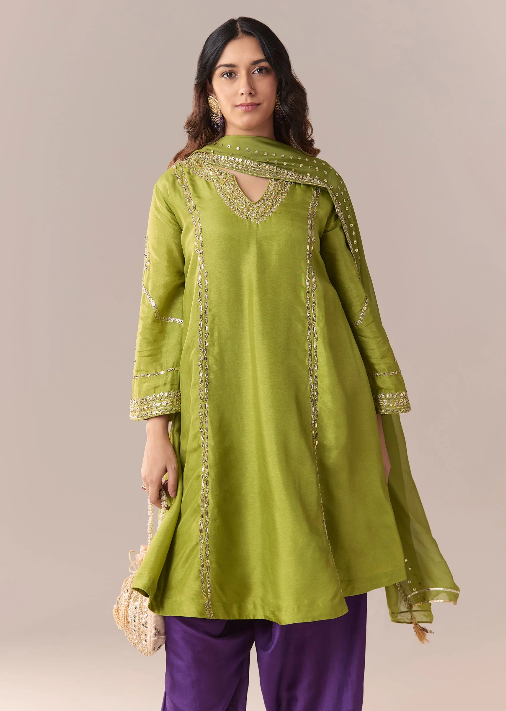Green Purple Embellished Kurta Set With Salwar And Dupatta - Image 4