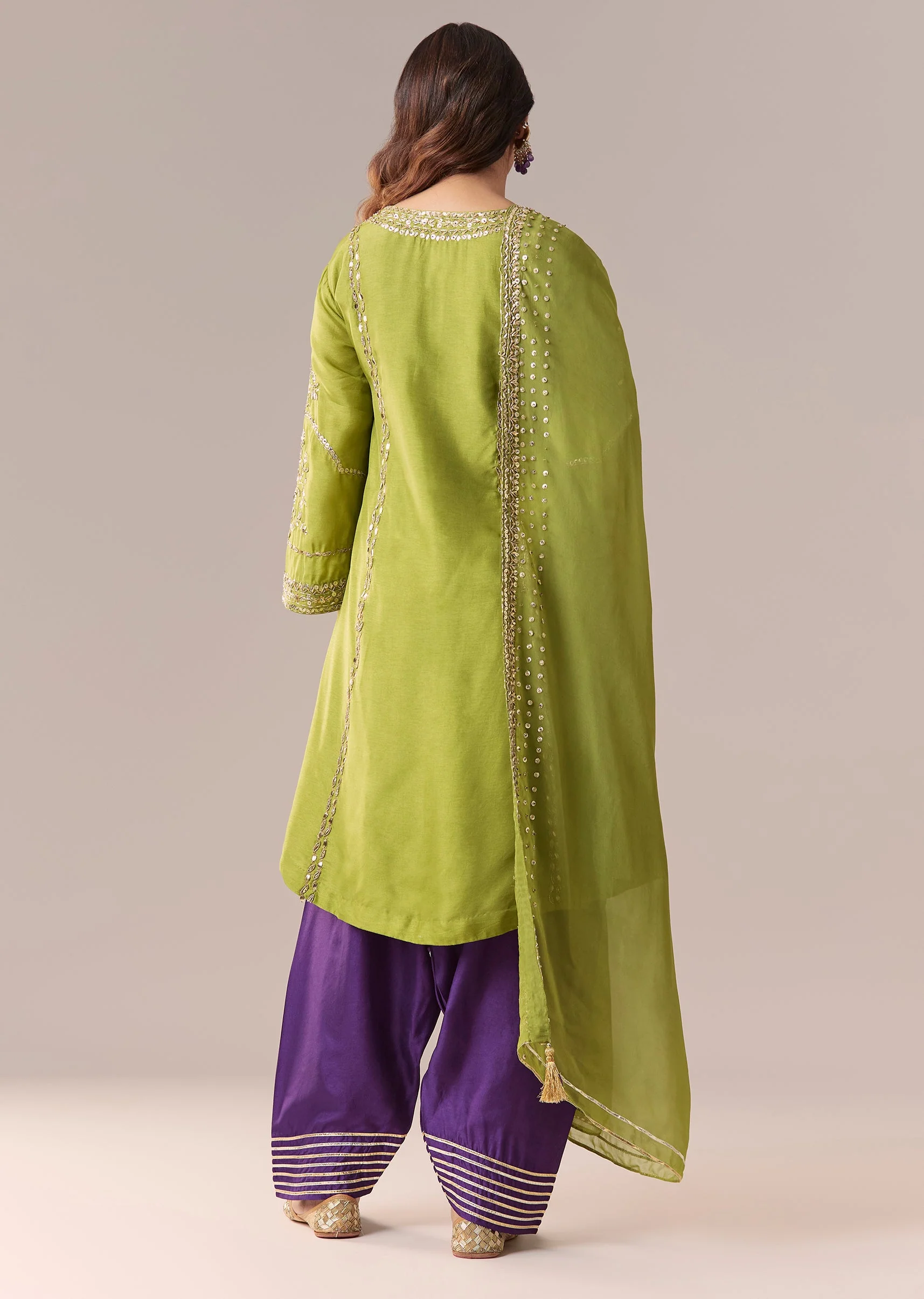Green Purple Embellished Kurta Set With Salwar And Dupatta - Image 5