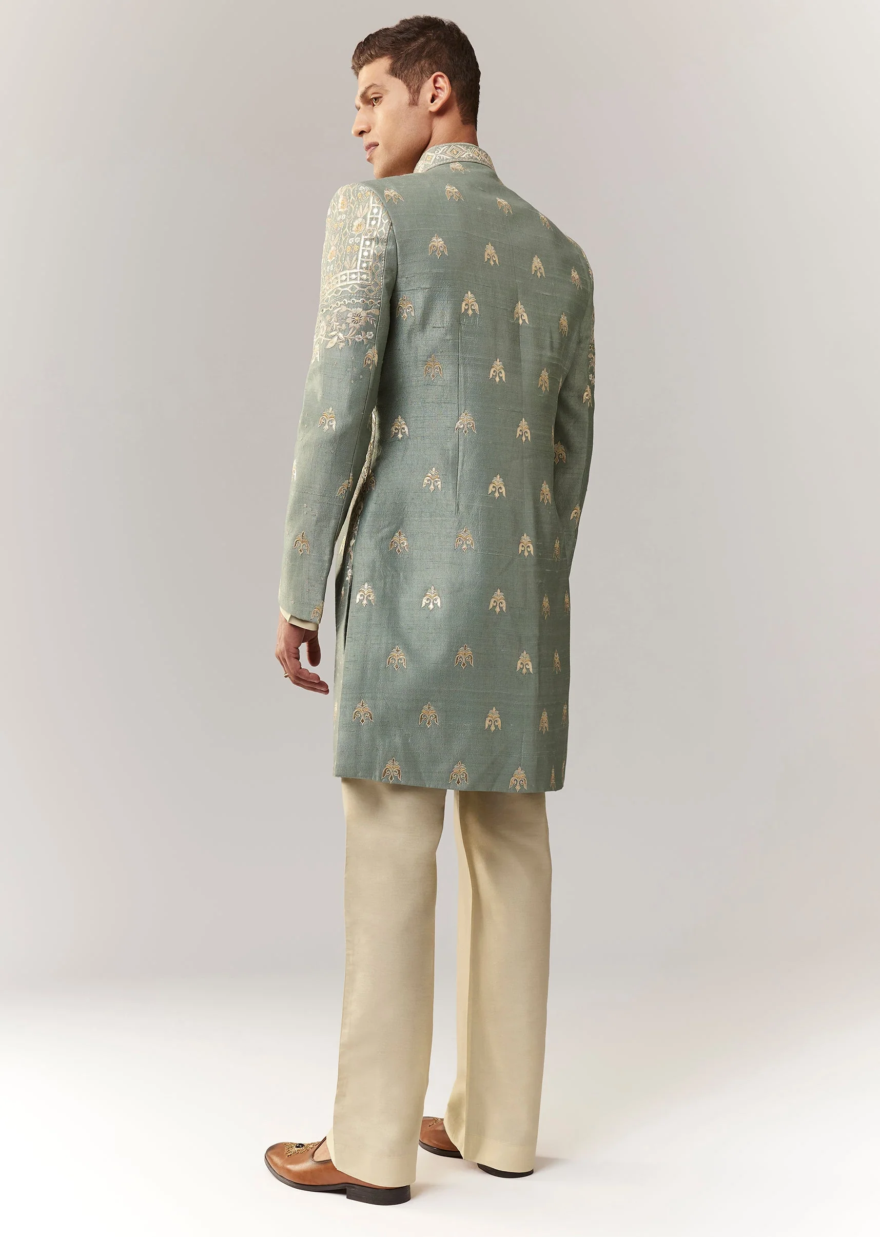 Green Raw Silk Indo Western With Applique And Resham Work - Image 5