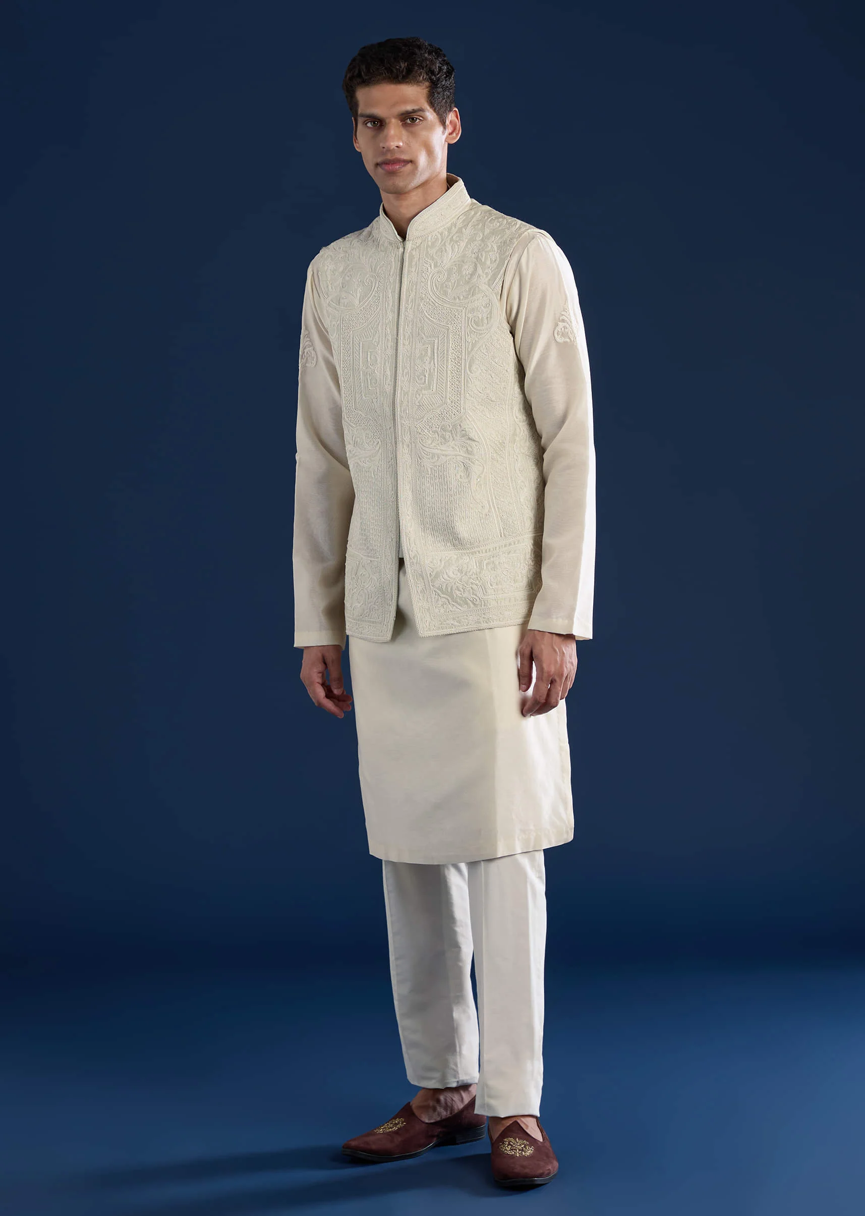 Green Raw Silk Jacket Kurta Set with Dori Work