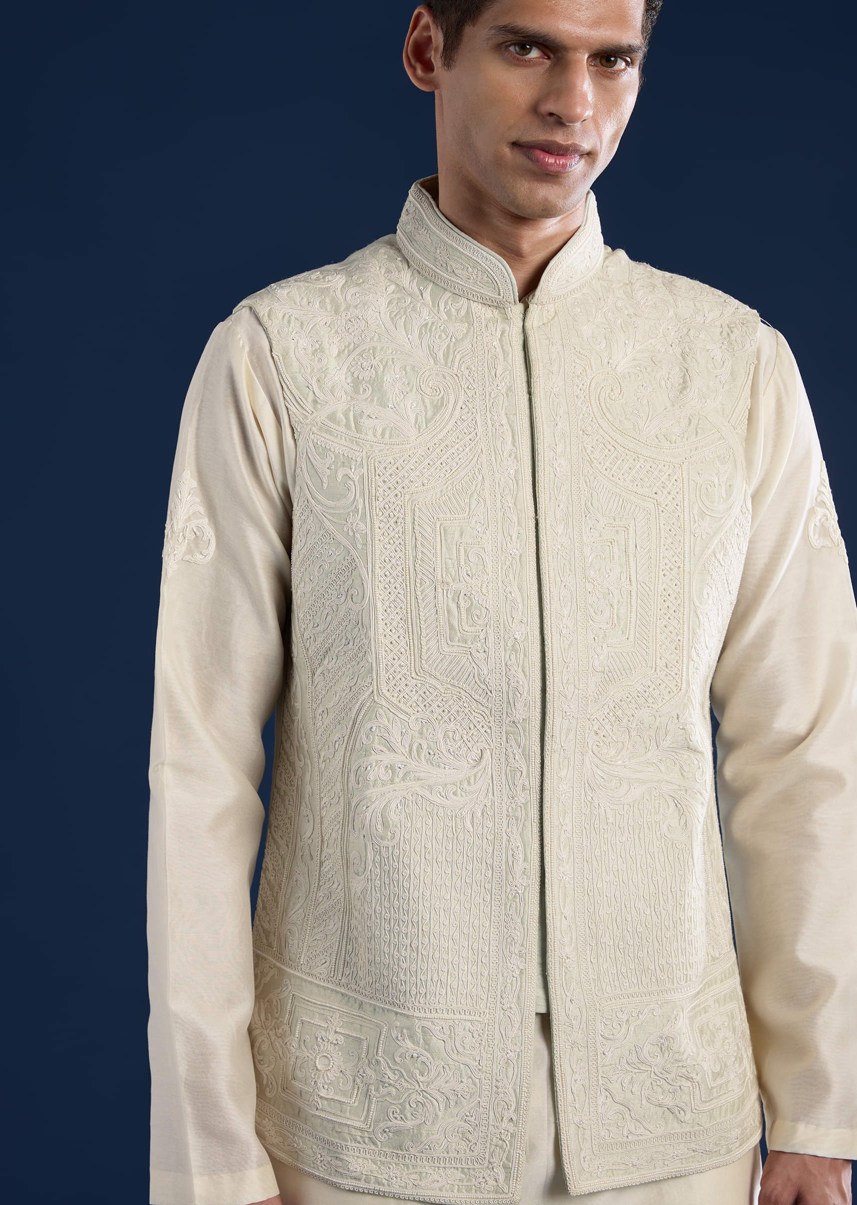 Green Raw Silk Jacket Kurta Set with Dori Work - Image 2
