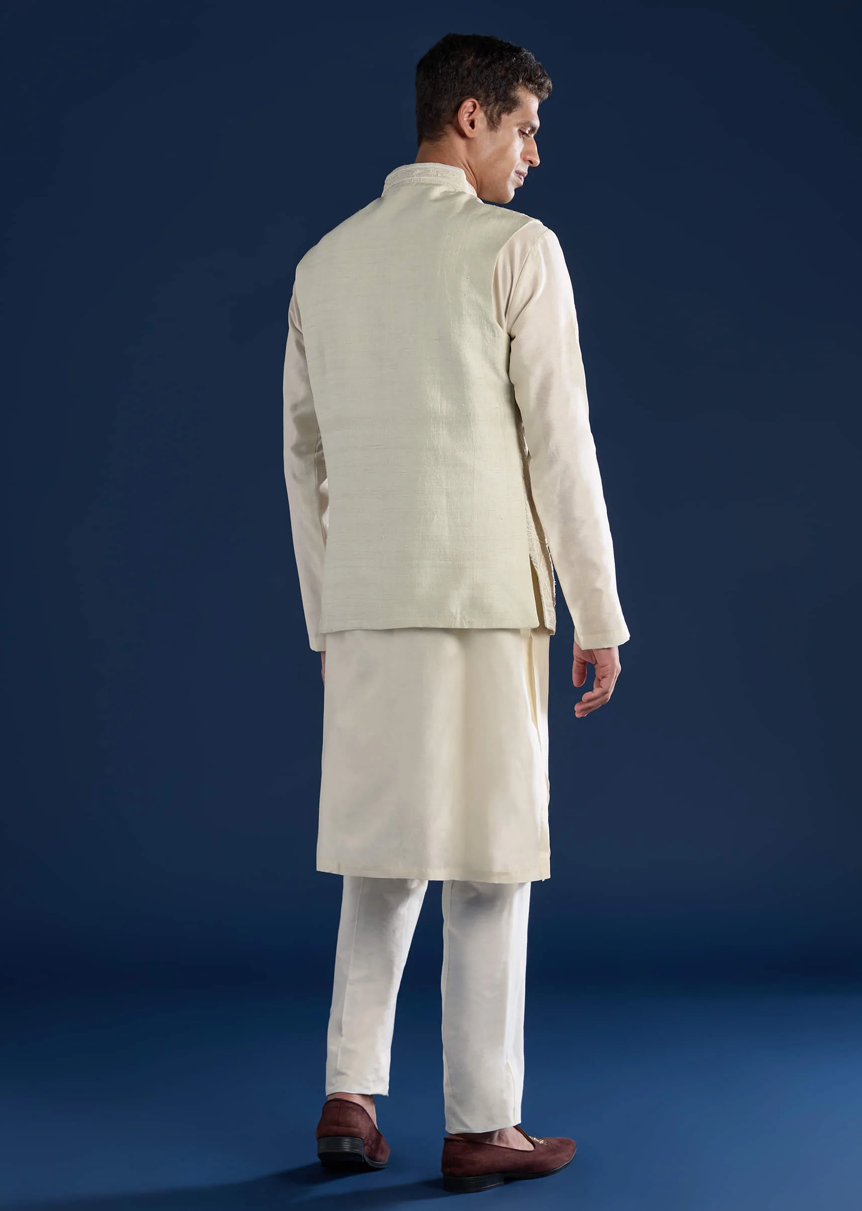 Green Raw Silk Jacket Kurta Set with Dori Work - Image 5