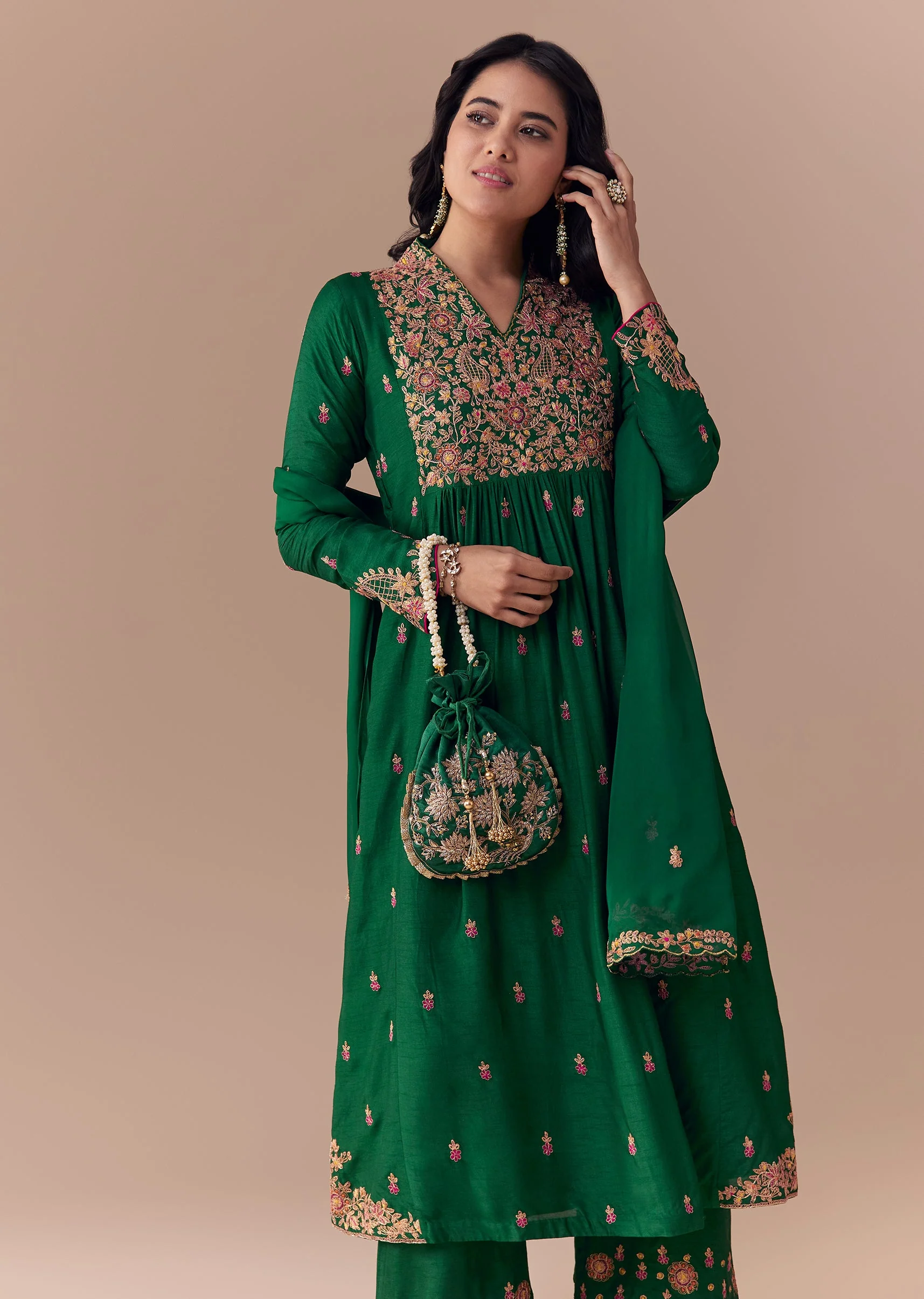 Green Raw Silk Zari Embellished Anarkali Set - Image 4