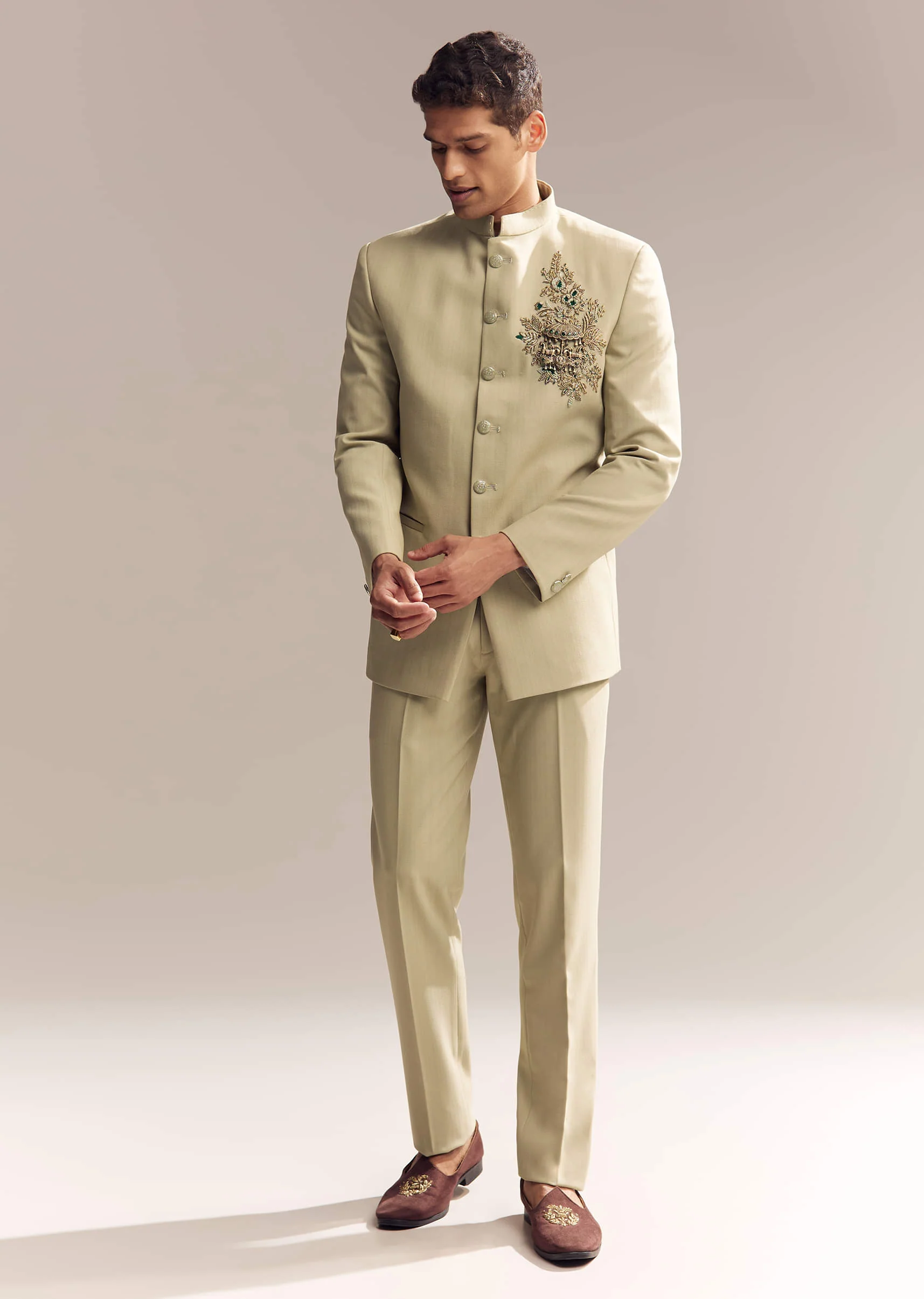 Green Rayon Jodhpuri Suit For Men With Zardosi Embroidery And Brooch