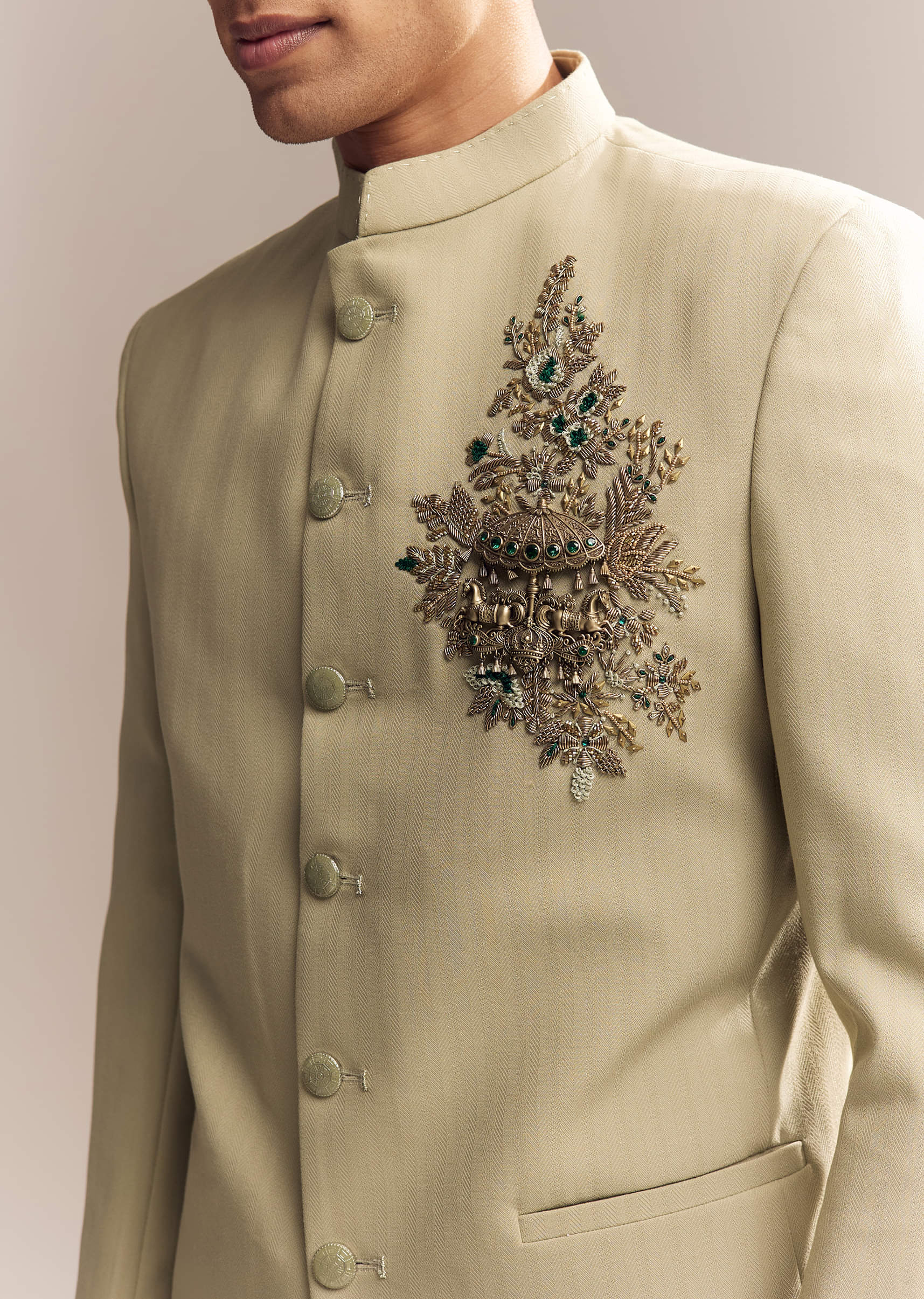 Green Rayon Jodhpuri Suit For Men With Zardosi Embroidery And Brooch - Image 2