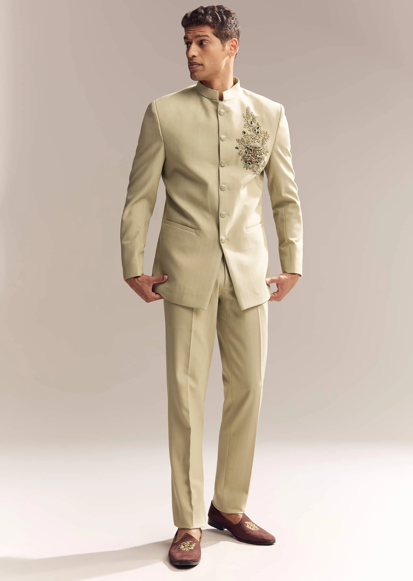 Green Rayon Jodhpuri Suit For Men With Zardosi Embroidery And Brooch - Image 3