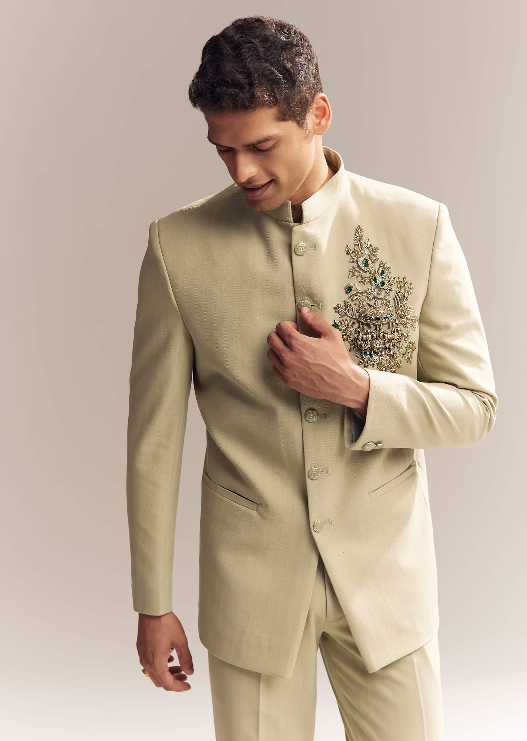 Green Rayon Jodhpuri Suit For Men With Zardosi Embroidery And Brooch - Image 4