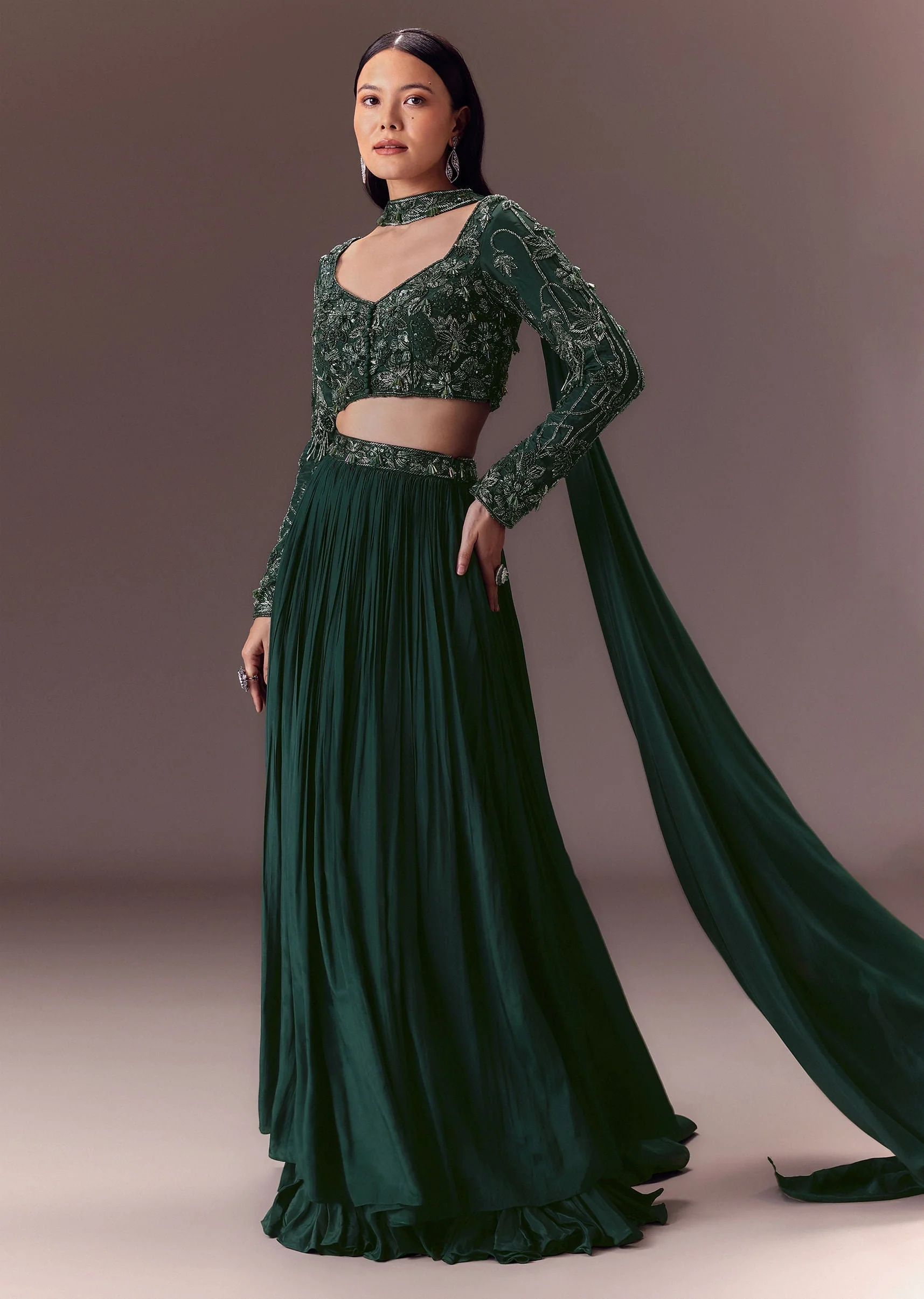 Green Ruched Frill Lehenga Set With Choker Dupatta - Image 3