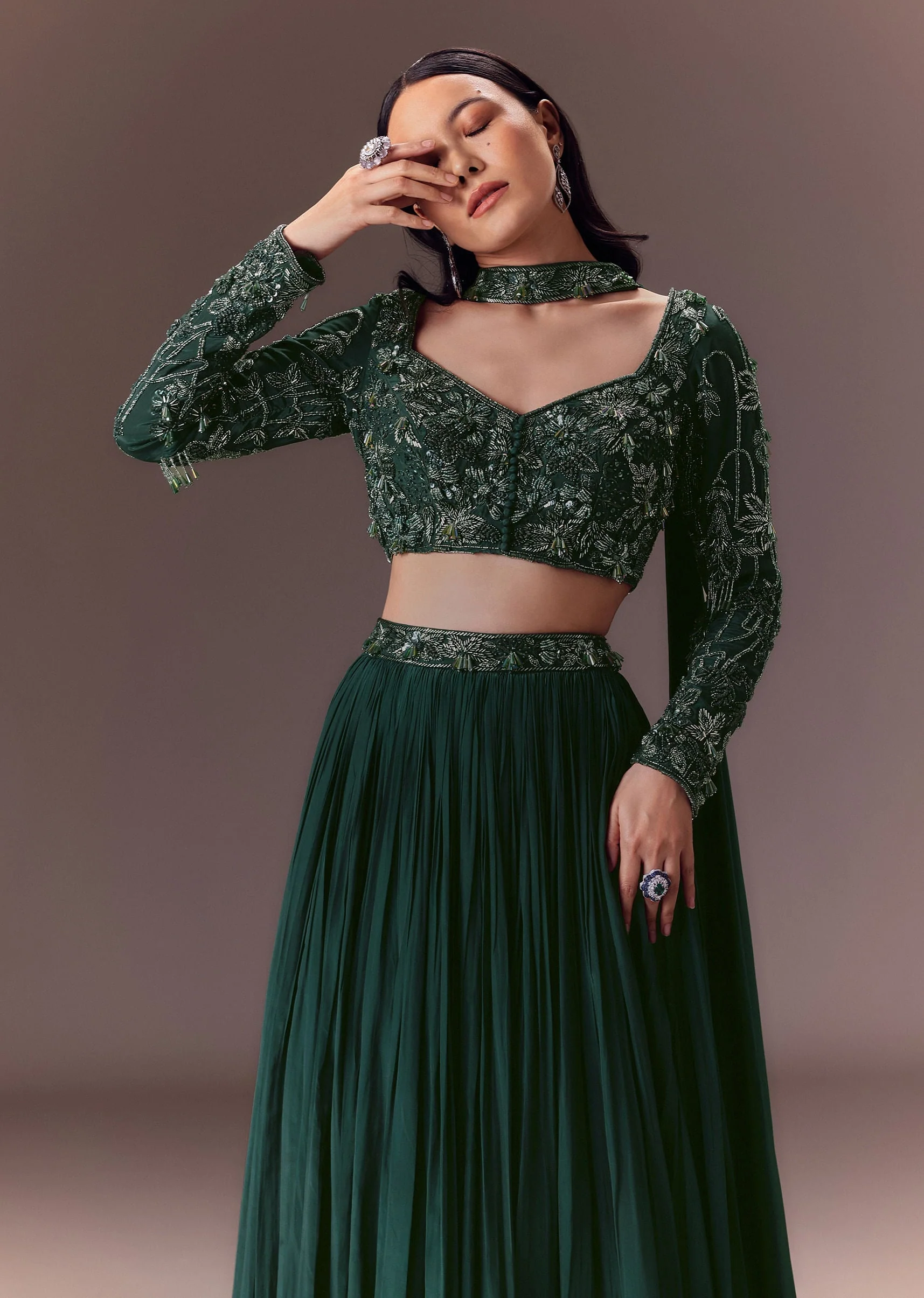 Green Ruched Frill Lehenga Set With Choker Dupatta - Image 4