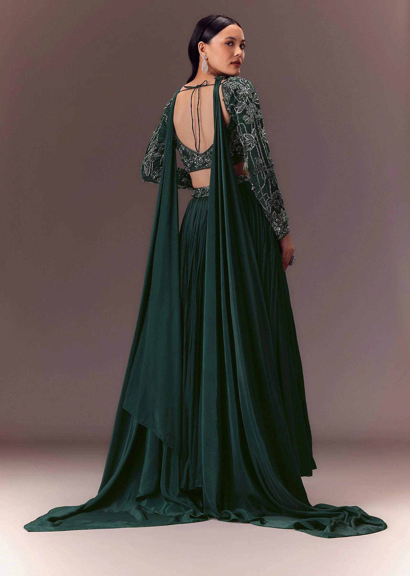 Green Ruched Frill Lehenga Set With Choker Dupatta - Image 5