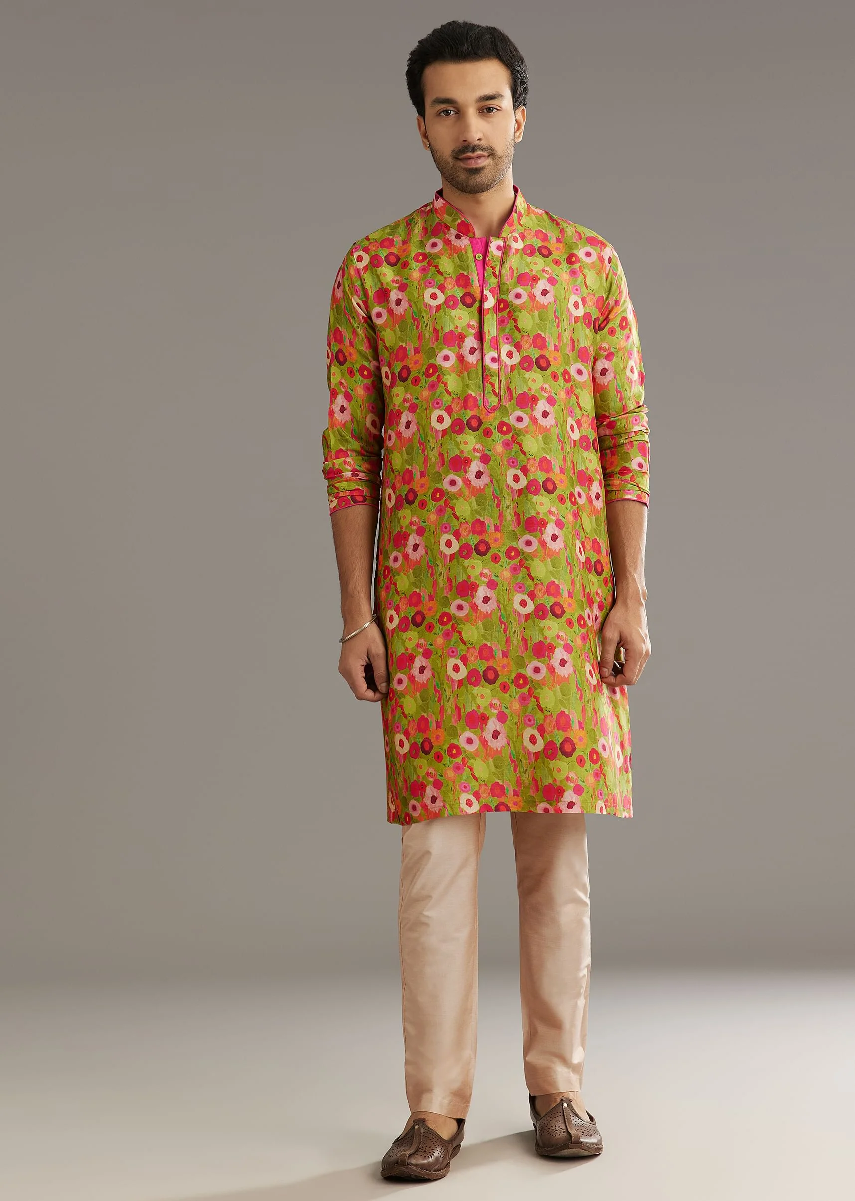 Green Russian Silk Kurta Set With Blossoming Prints - Image 2