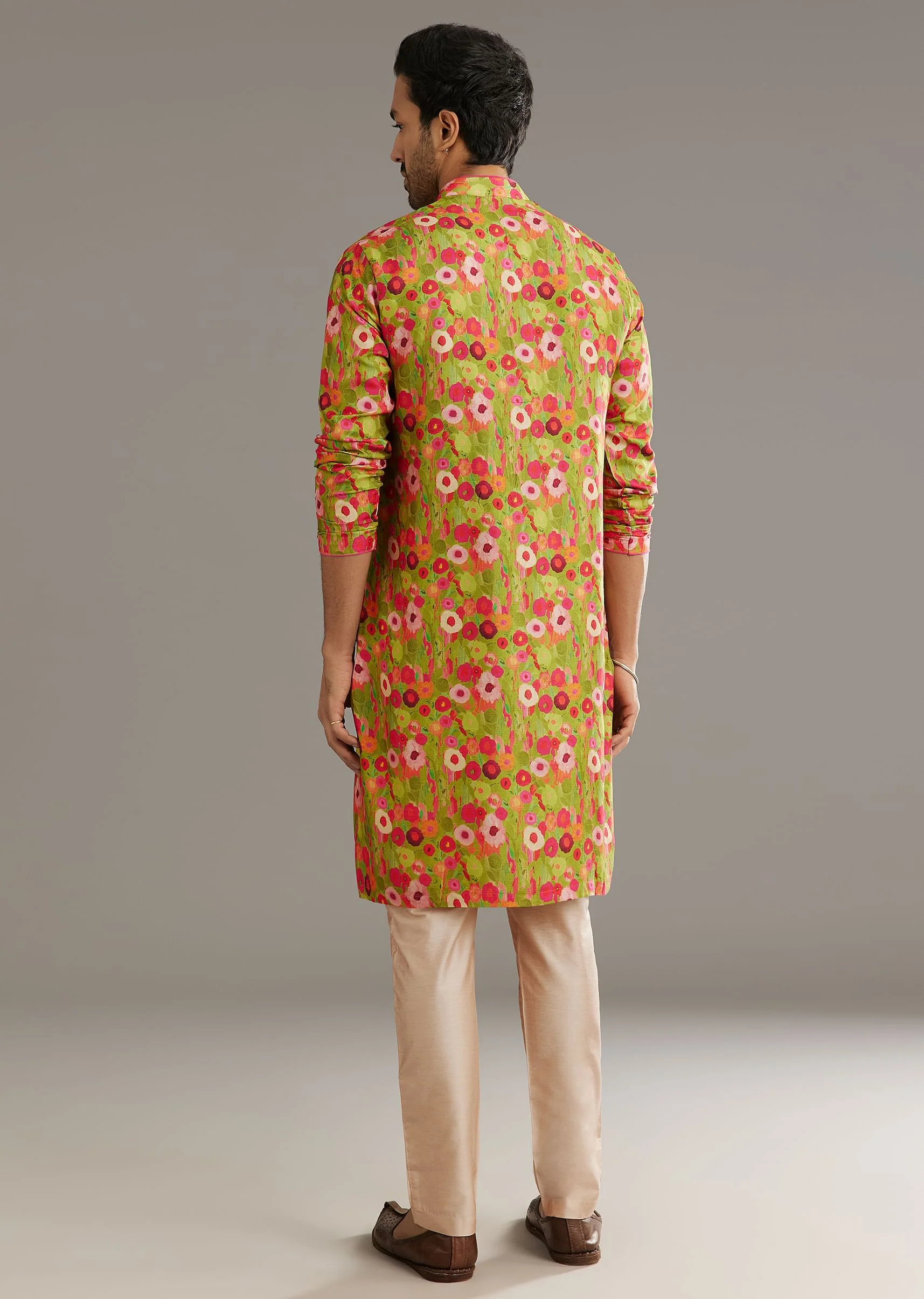 Green Russian Silk Kurta Set With Blossoming Prints - Image 5