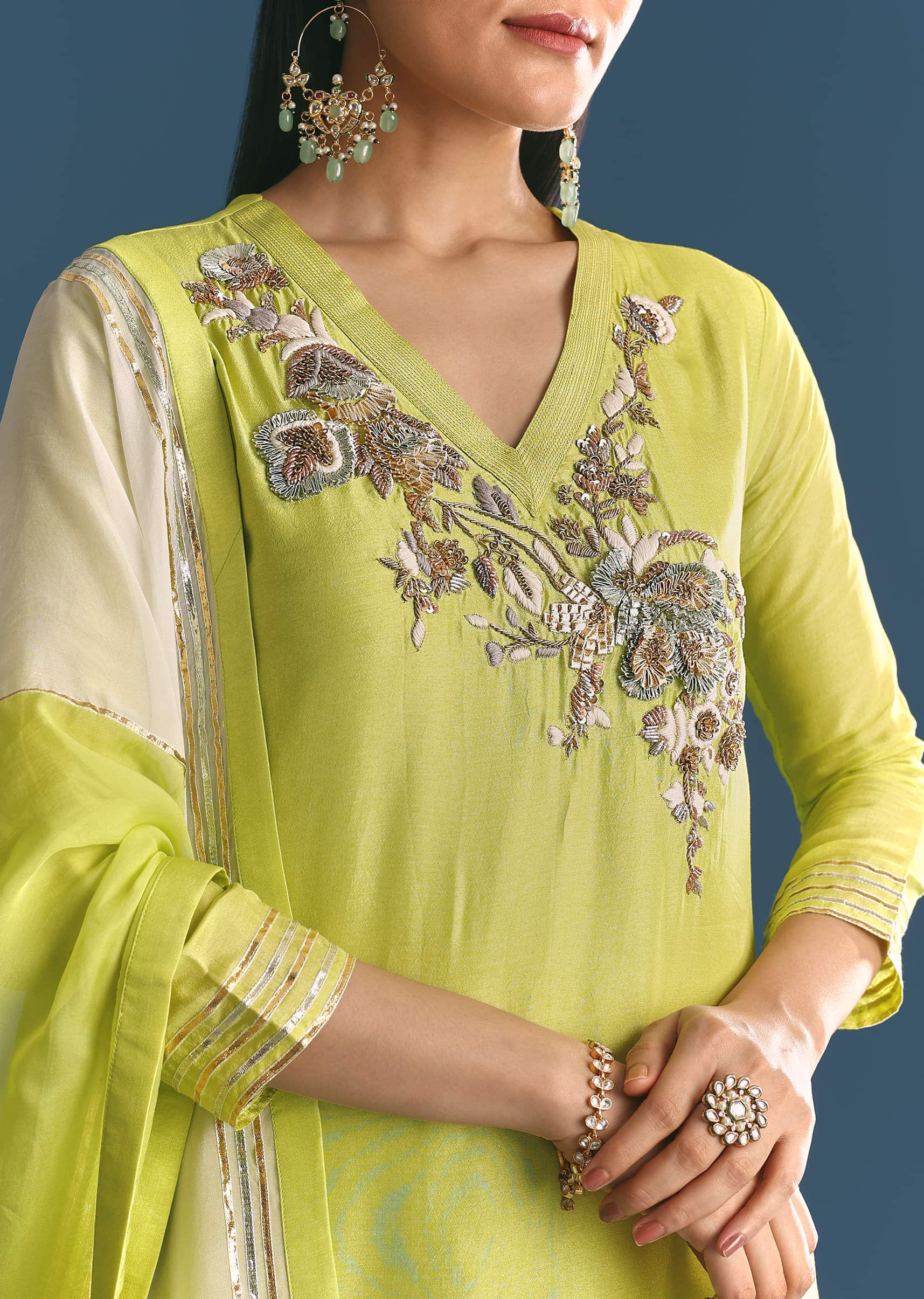 Green Russian Silk Kurta Sharara Suit With Gotta Work - Image 2