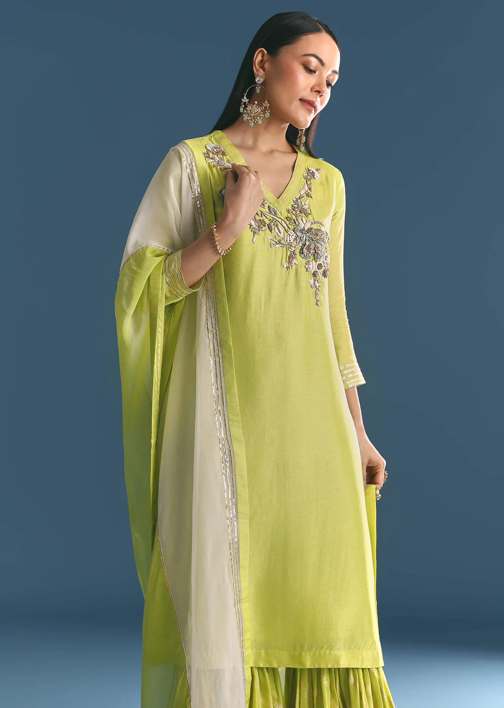Green Russian Silk Kurta Sharara Suit With Gotta Work - Image 3