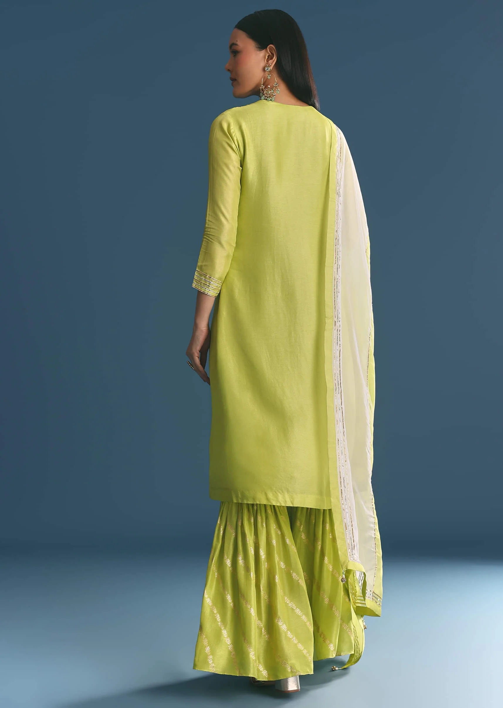Green Russian Silk Kurta Sharara Suit With Gotta Work - Image 5