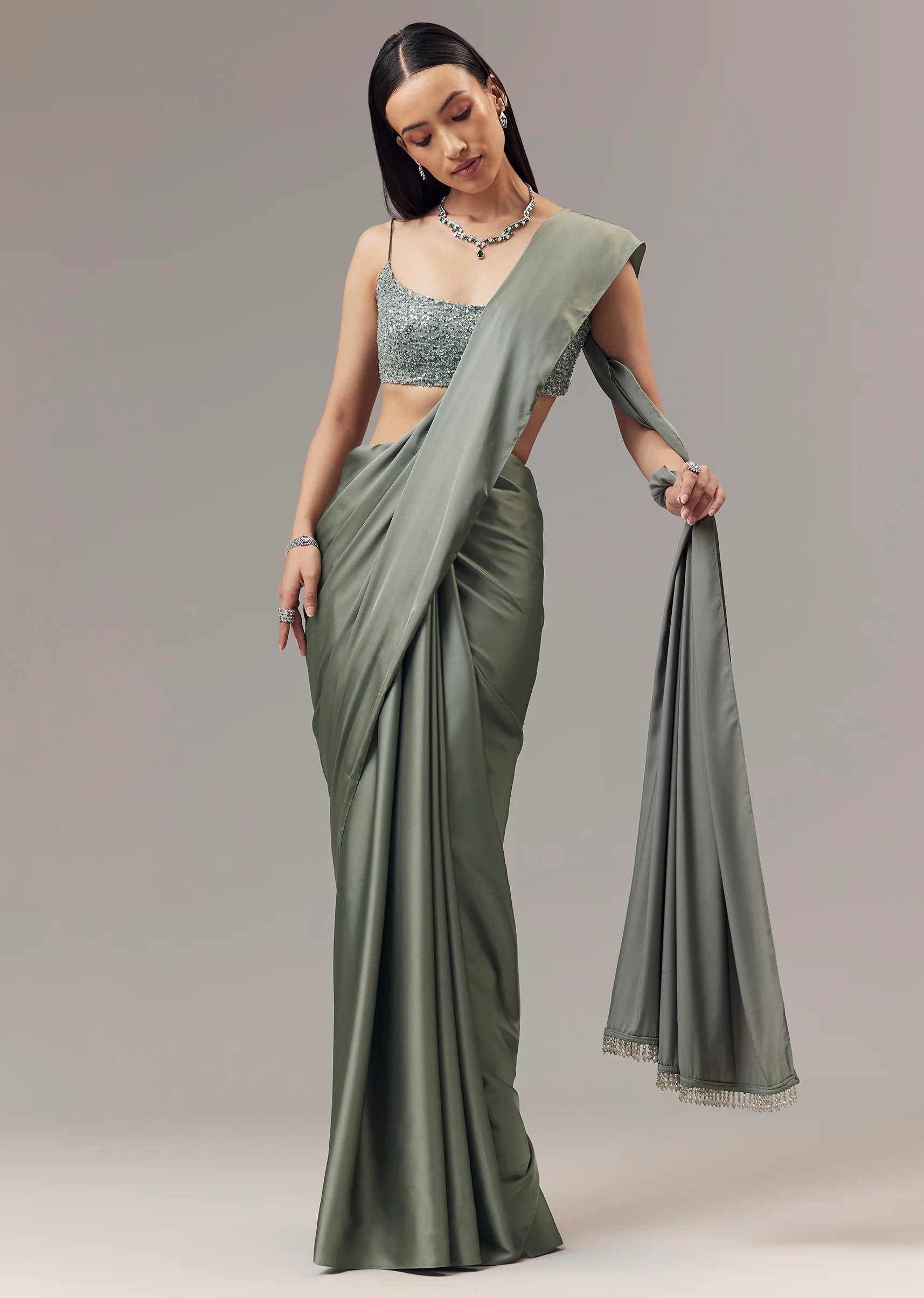 Green Satin Blend Saree With Cut Dana And Sequin Embellished Blouse - Image 3