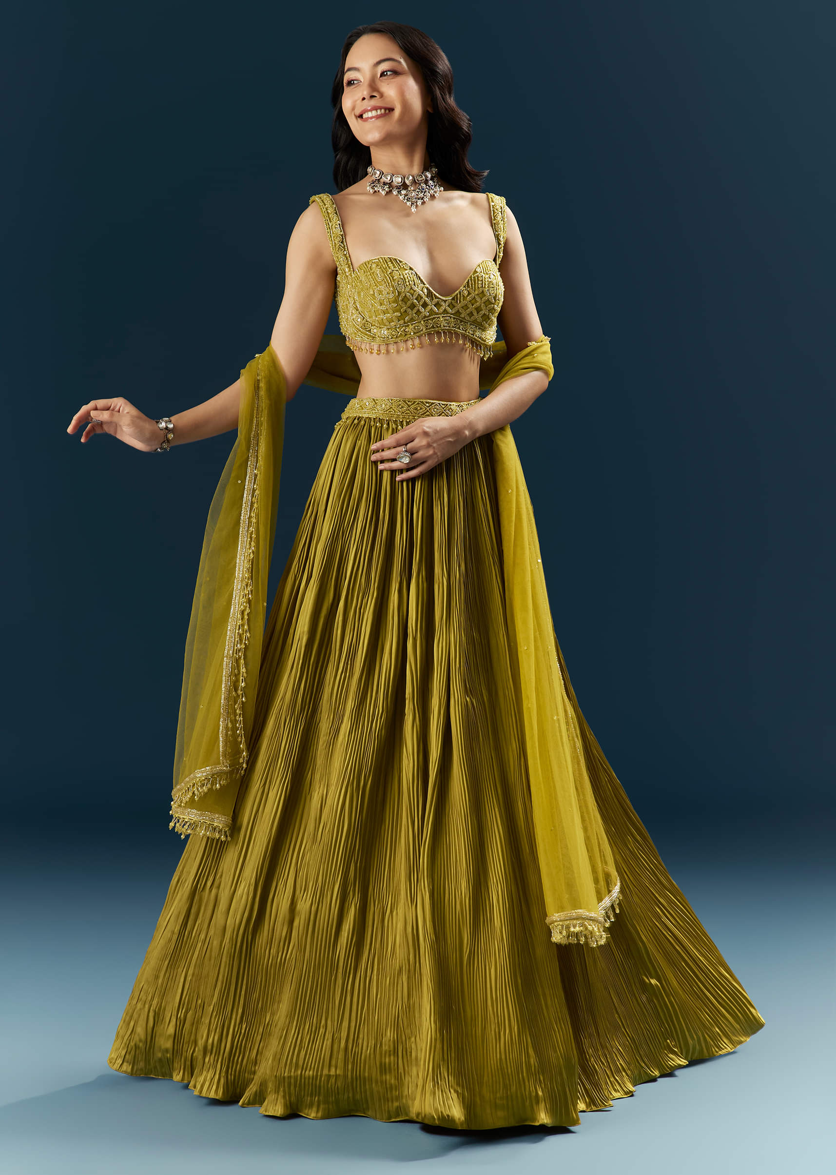 Green Satin Bridesmaid Lehenga With Cutdana And Beads Embroidery - Image 4