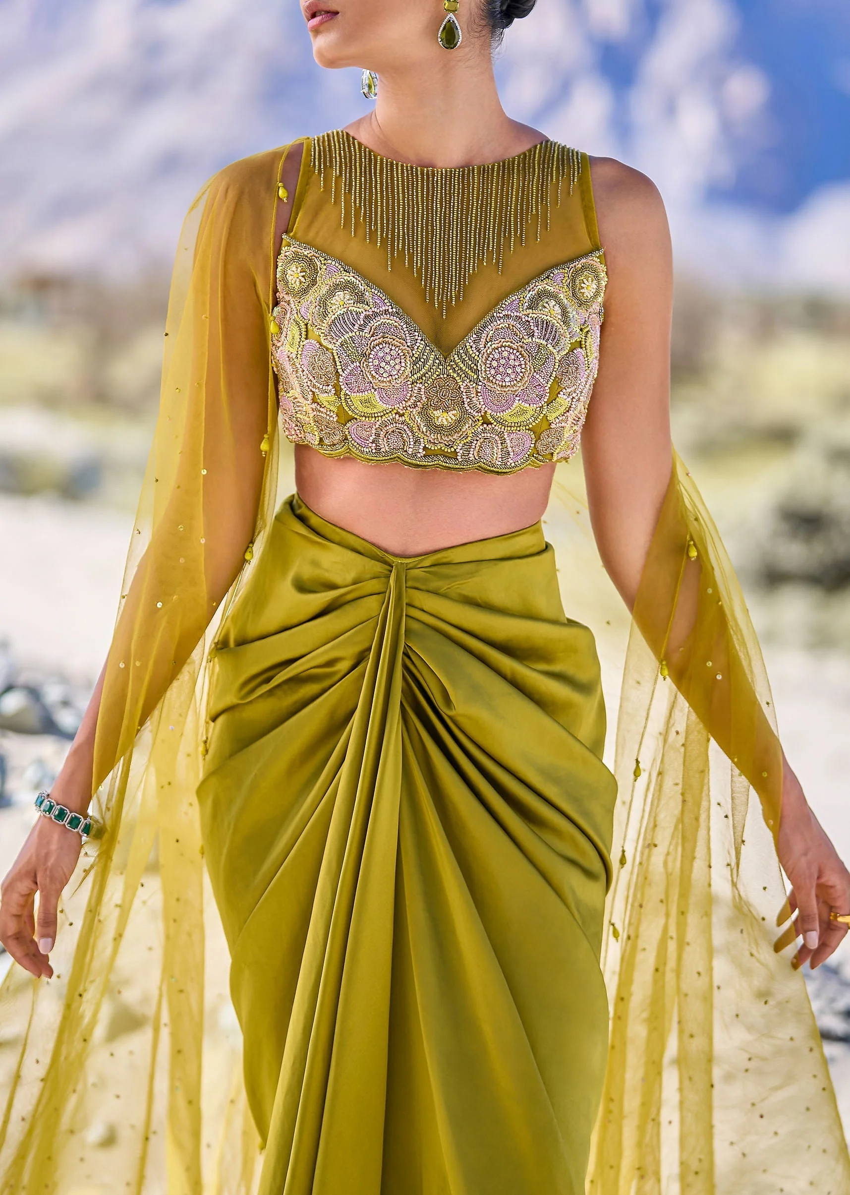 Green Satin Drape Skirt With Embroidered Blouse And Net Cape - Image 4