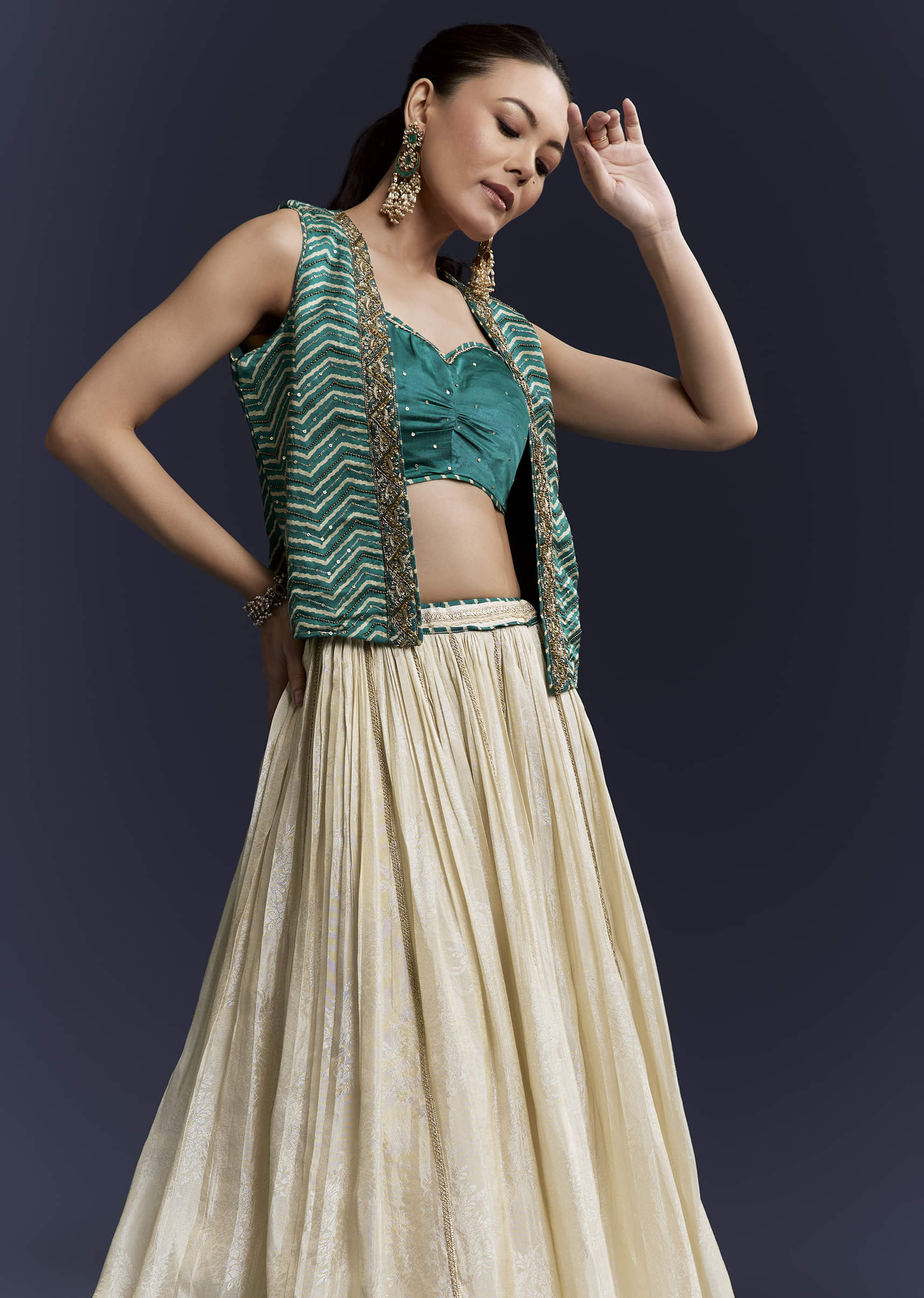 Green Satin Festive Lehenga With Hand Dyed Chevron Print Jacket - Image 5