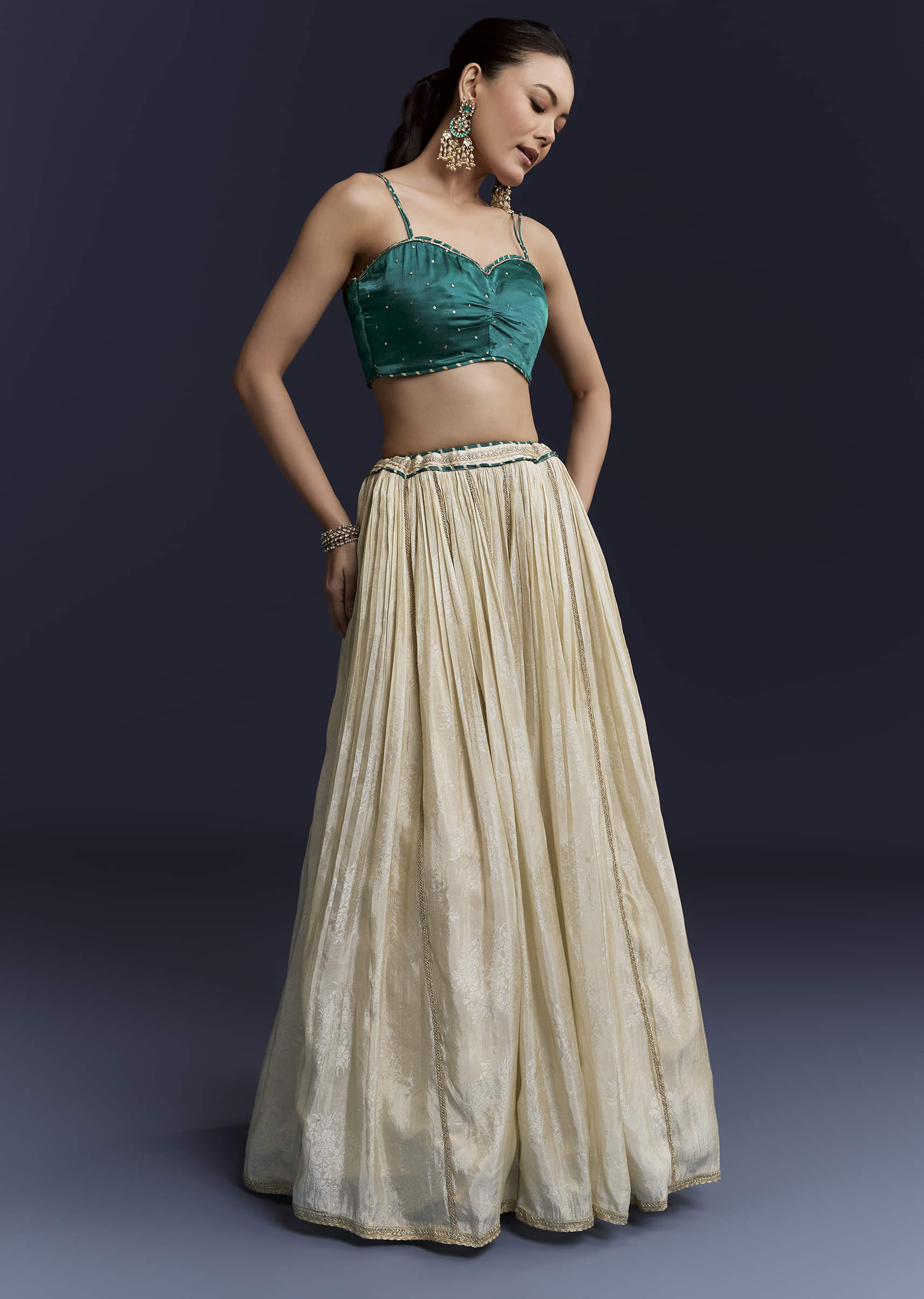 Green Satin Festive Lehenga With Hand Dyed Chevron Print Jacket - Image 6