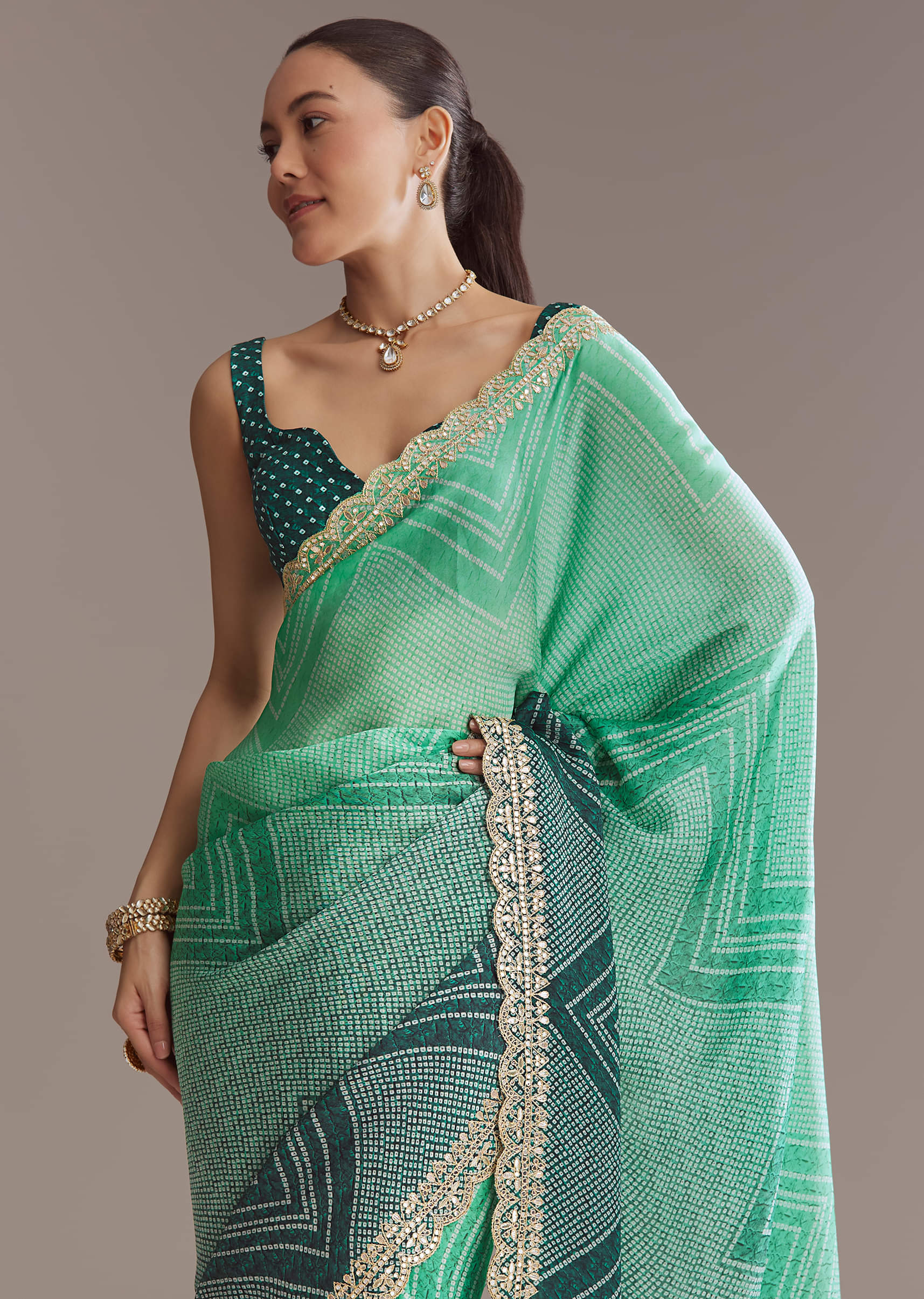 Green Satin Ombre Saree With Gota Patti Embroidery - Image 4