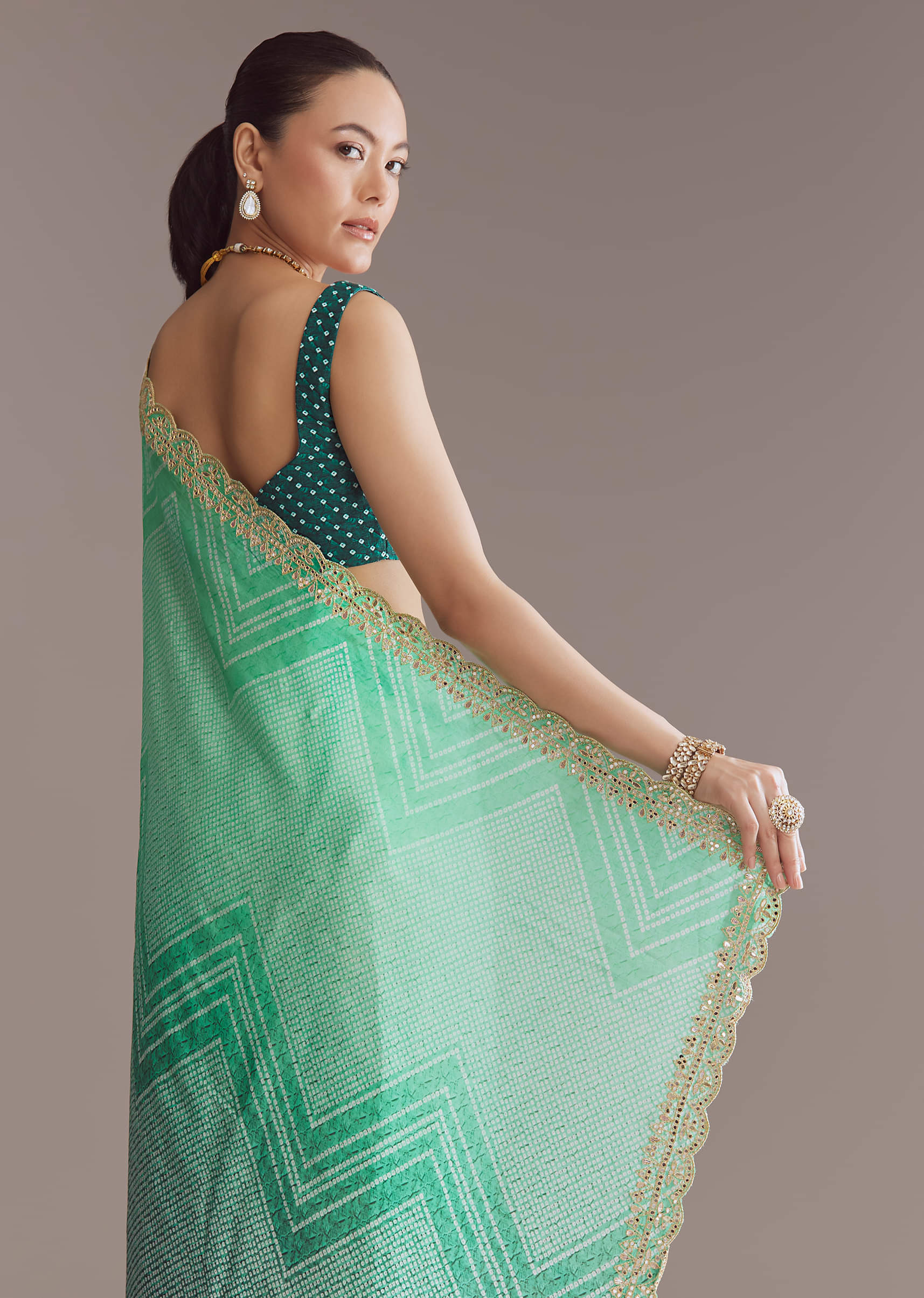 Green Satin Ombre Saree With Gota Patti Embroidery - Image 5