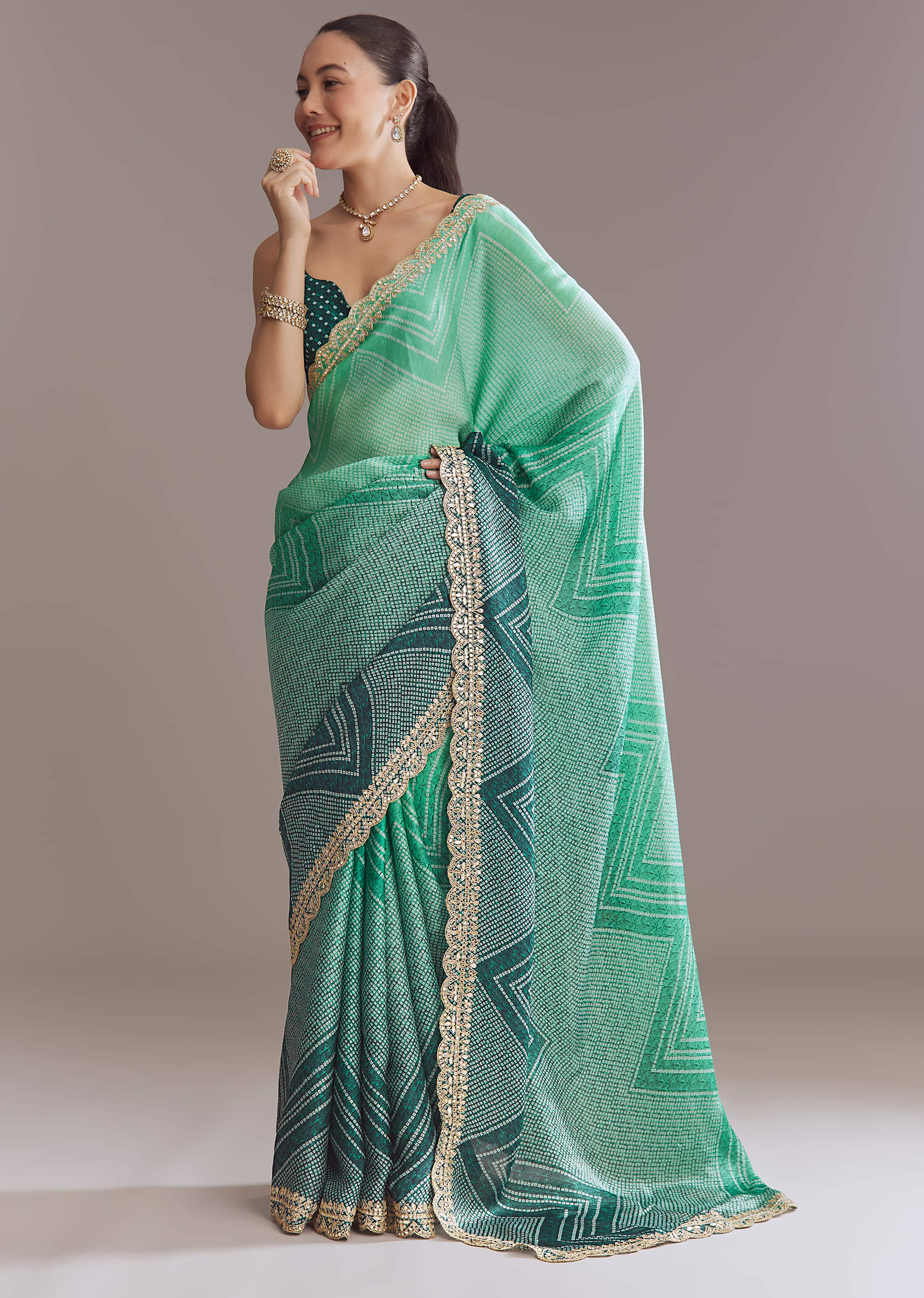 Green Satin Ombre Saree With Gota Patti Embroidery - Image 9