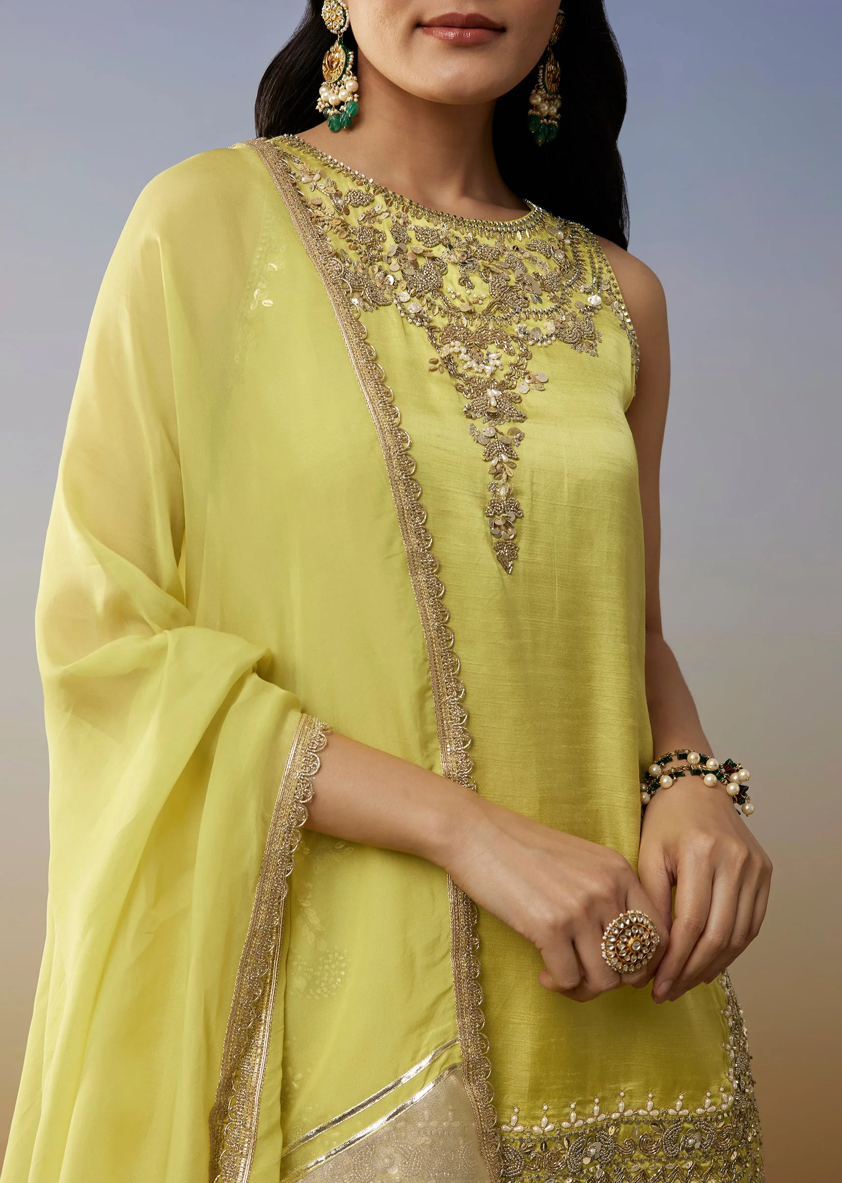 Green Satin Palazzo Suits with Beads Sequins Work - Image 2