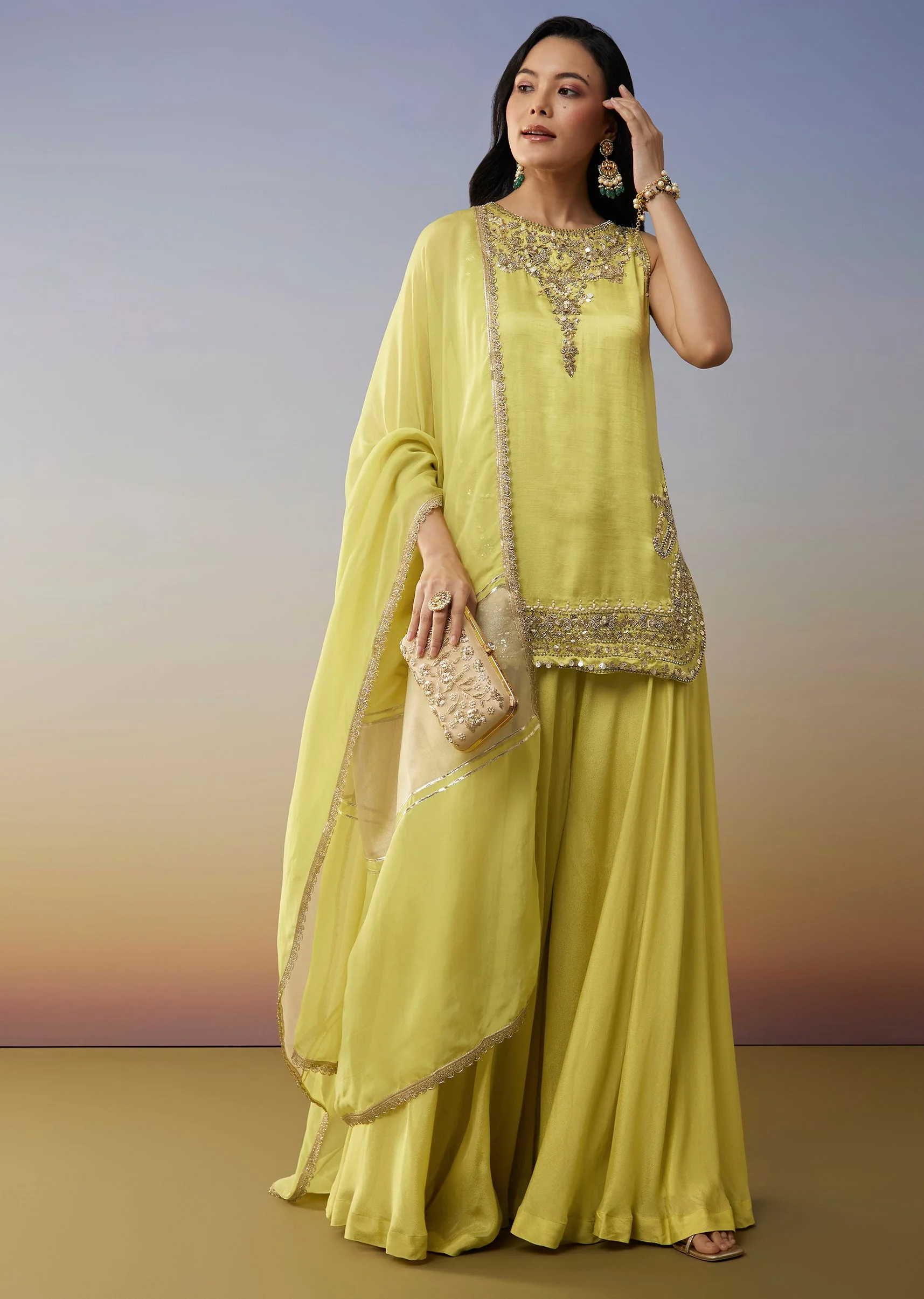 Green Satin Palazzo Suits with Beads Sequins Work - Image 3