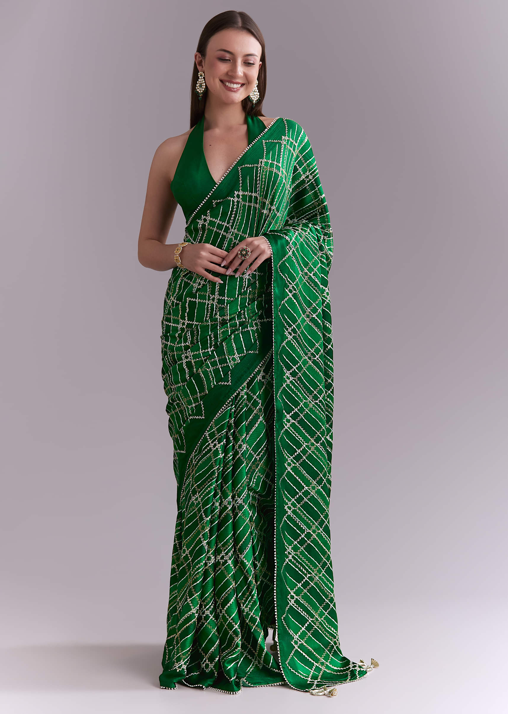 Green Satin Saree With Criss Cross Stripes And Zari Border - Image 10