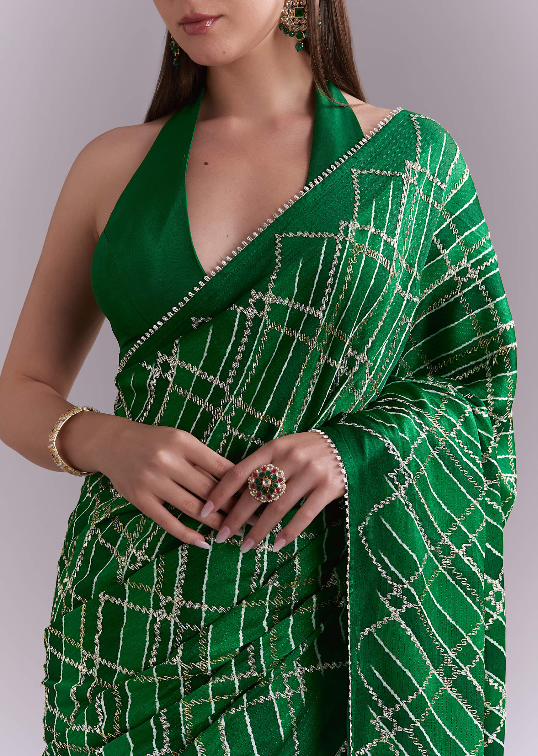 Green Satin Saree With Criss Cross Stripes And Zari Border - Image 2