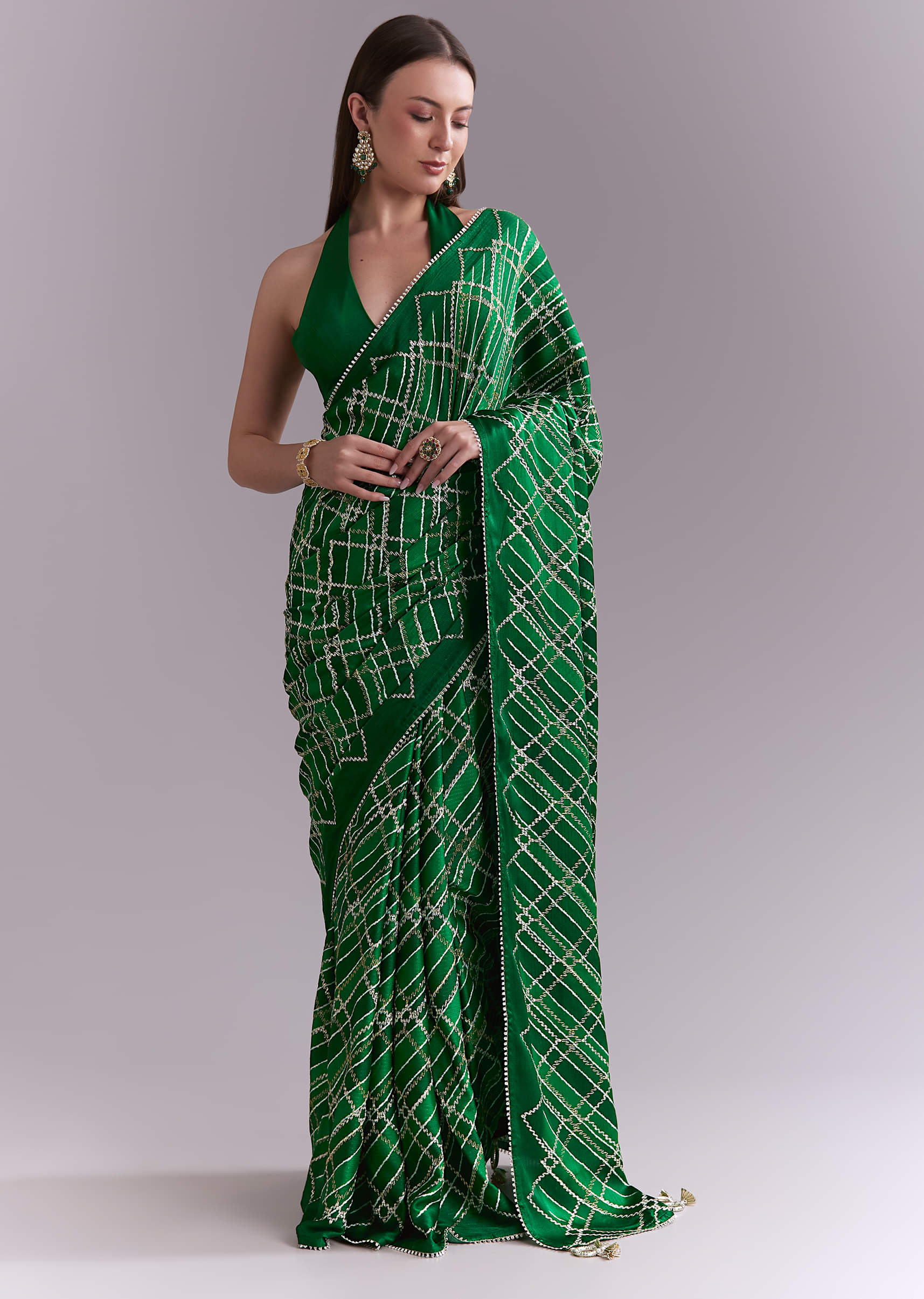 Green Satin Saree With Criss Cross Stripes And Zari Border - Image 3