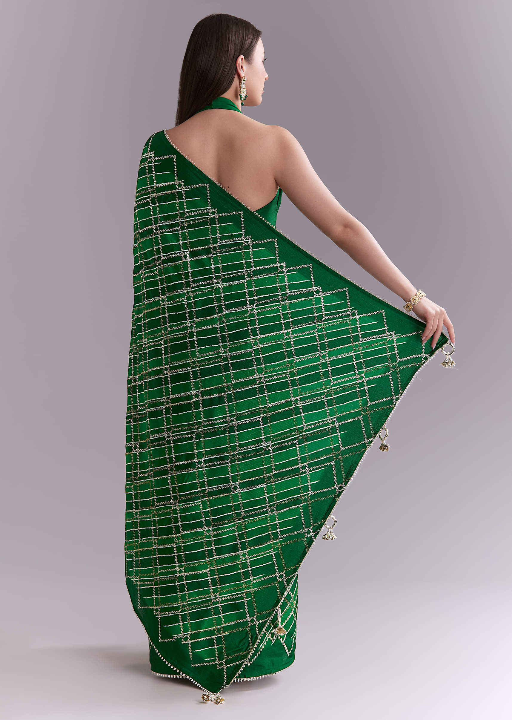 Green Satin Saree With Criss Cross Stripes And Zari Border - Image 4