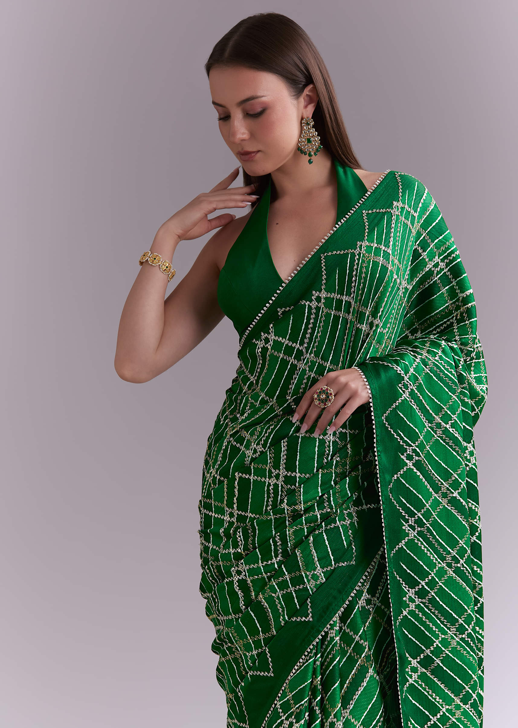 Green Satin Saree With Criss Cross Stripes And Zari Border - Image 5