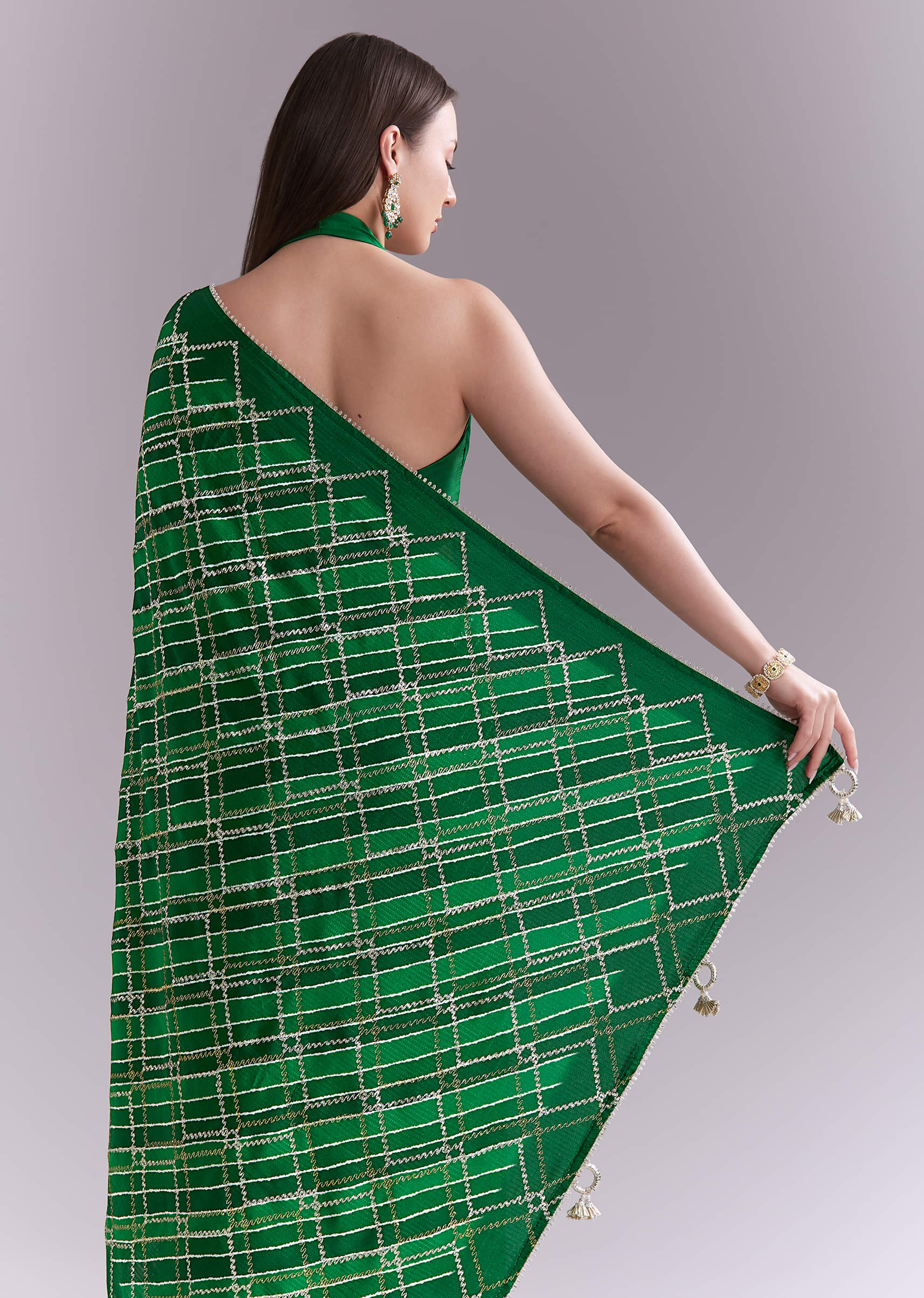 Green Satin Saree With Criss Cross Stripes And Zari Border - Image 6