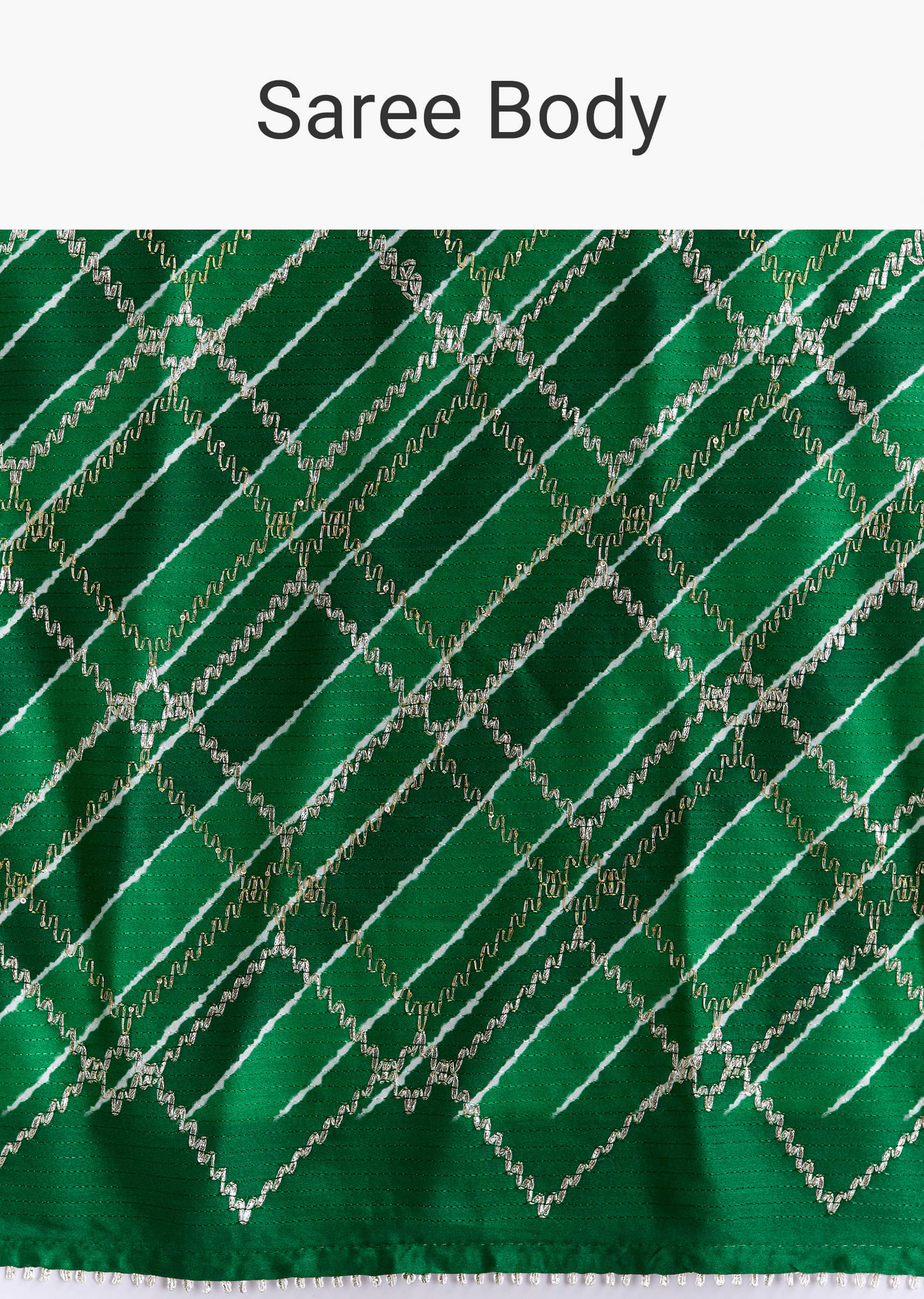 Green Satin Saree With Criss Cross Stripes And Zari Border - Image 9