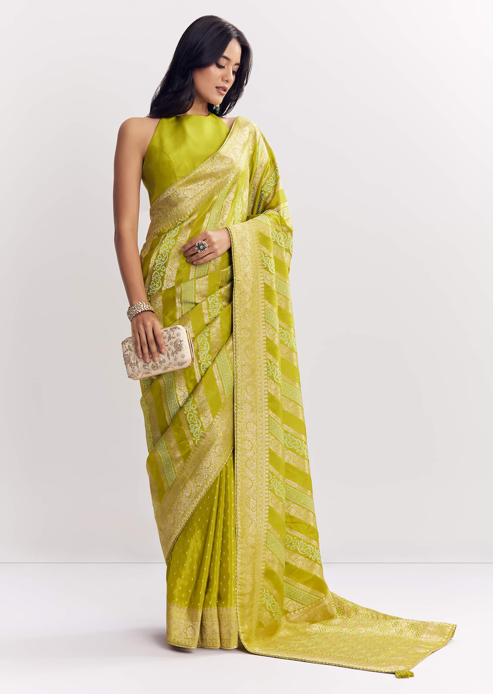Green Satin Saree With Zari Vine Design - Image 3