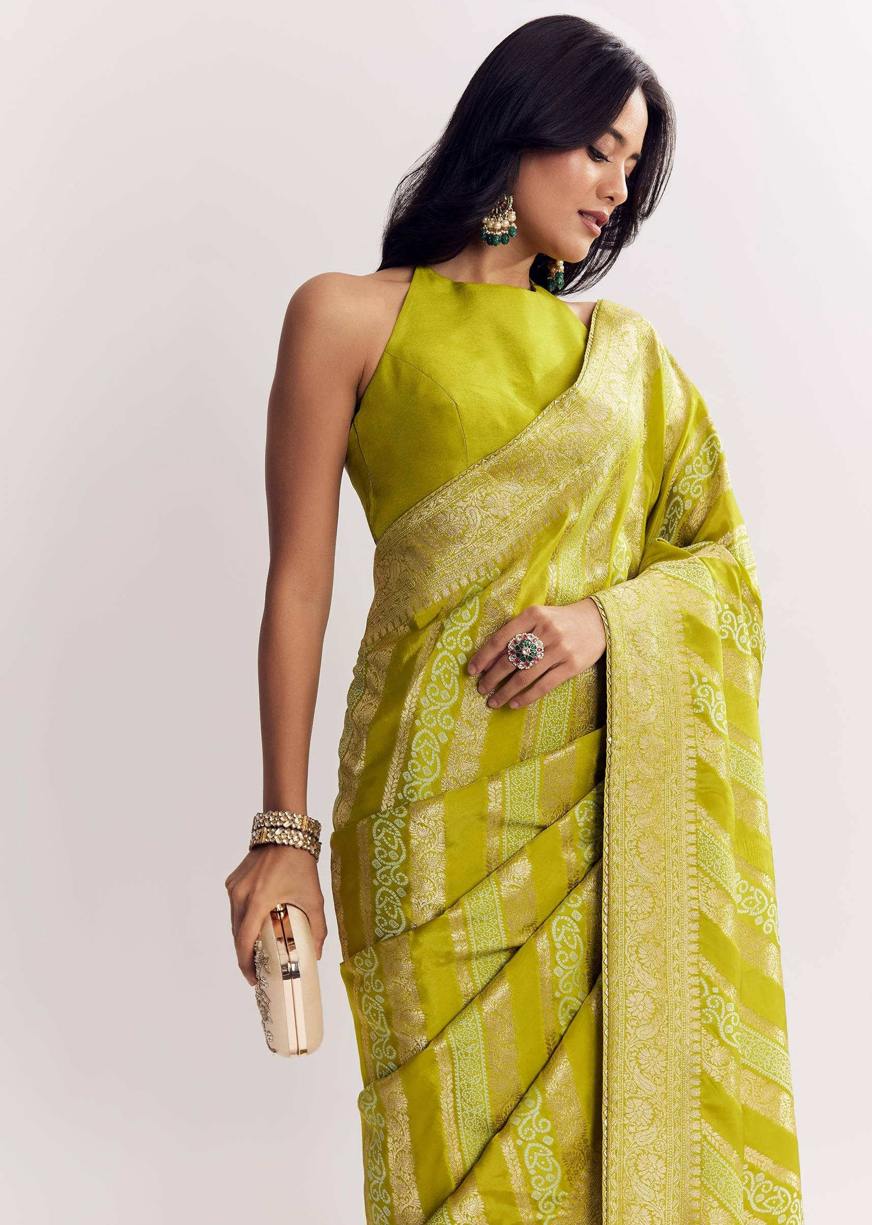 Green Satin Saree With Zari Vine Design - Image 5