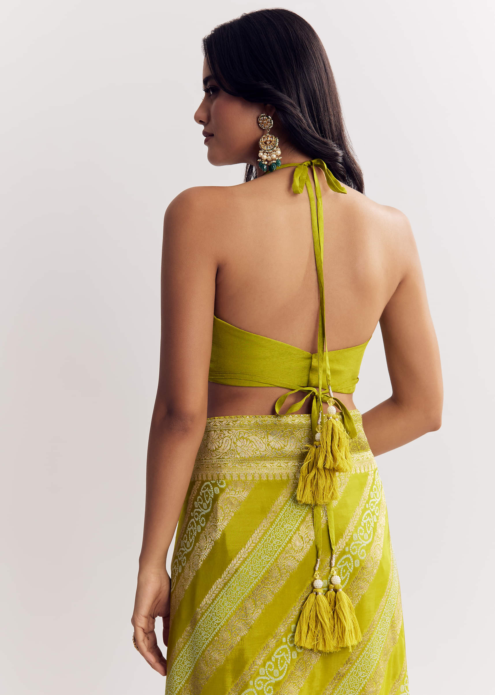 Green Satin Saree With Zari Vine Design - Image 8