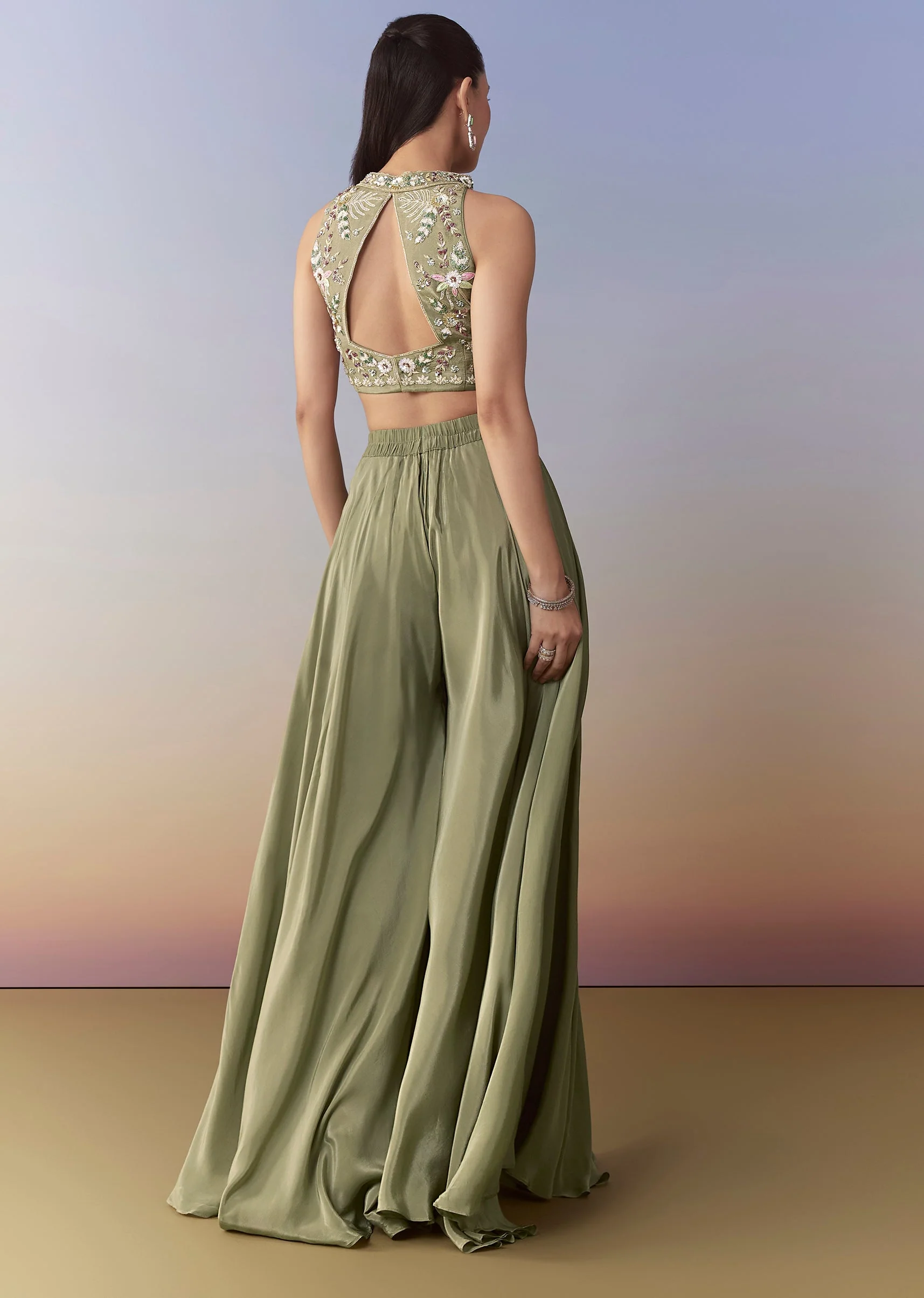 Green Sequin Embellished Crop Top Palazzo Set - Image 5