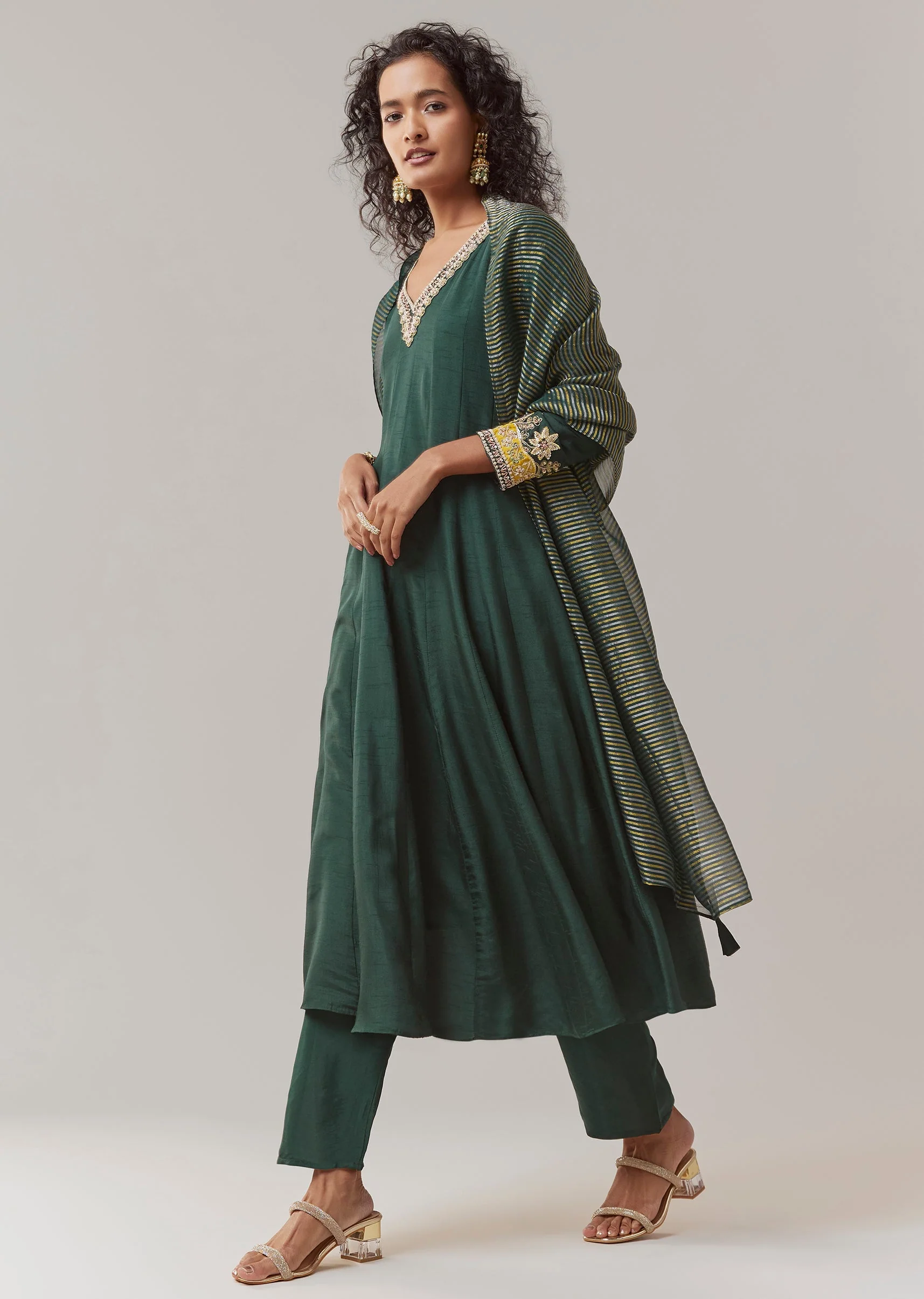 Green Sequin Embellished Silk Anarkali Set - Image 2