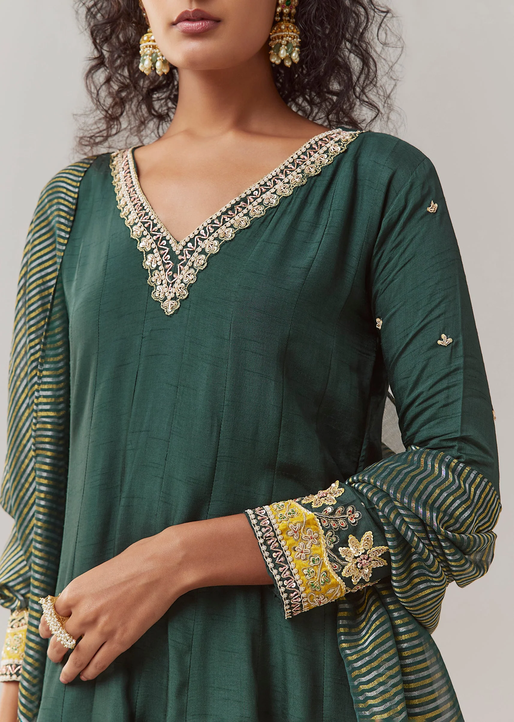 Green Sequin Embellished Silk Anarkali Set - Image 3