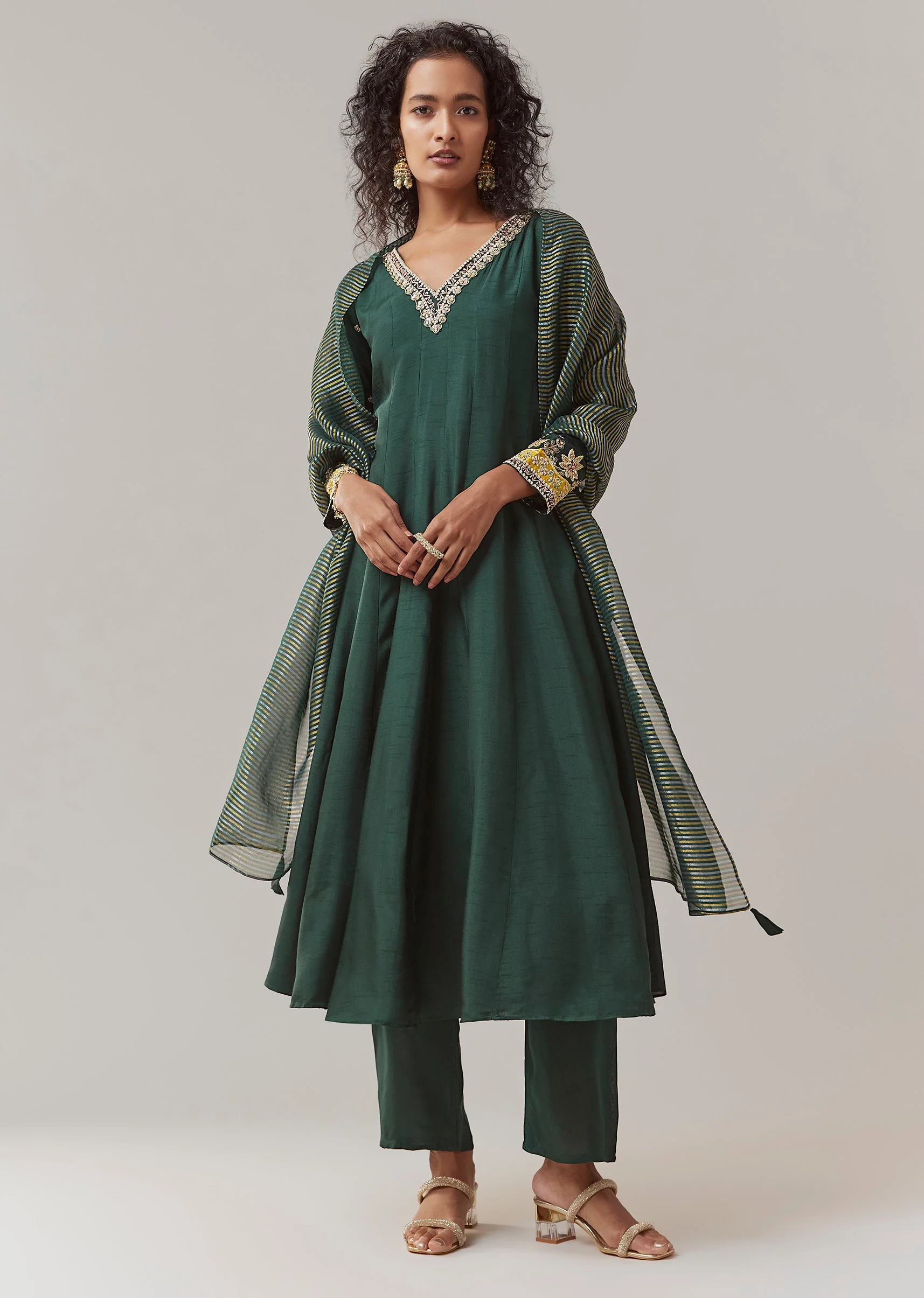 Green Sequin Embellished Silk Anarkali Set - Image 4