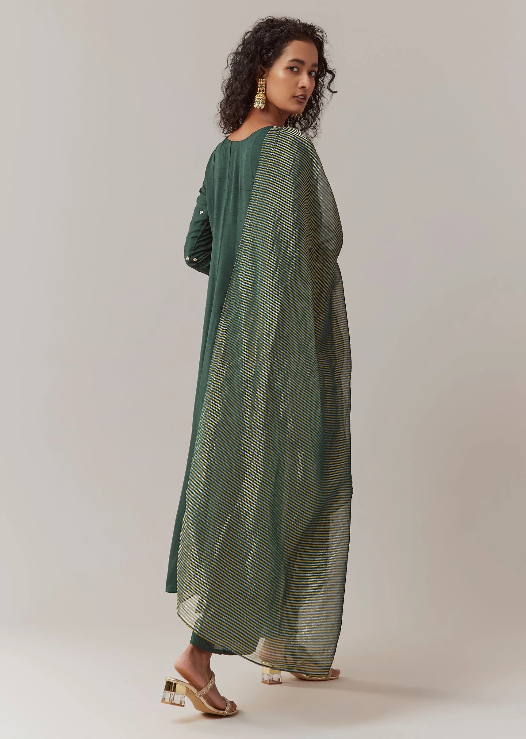 Green Sequin Embellished Silk Anarkali Set - Image 5
