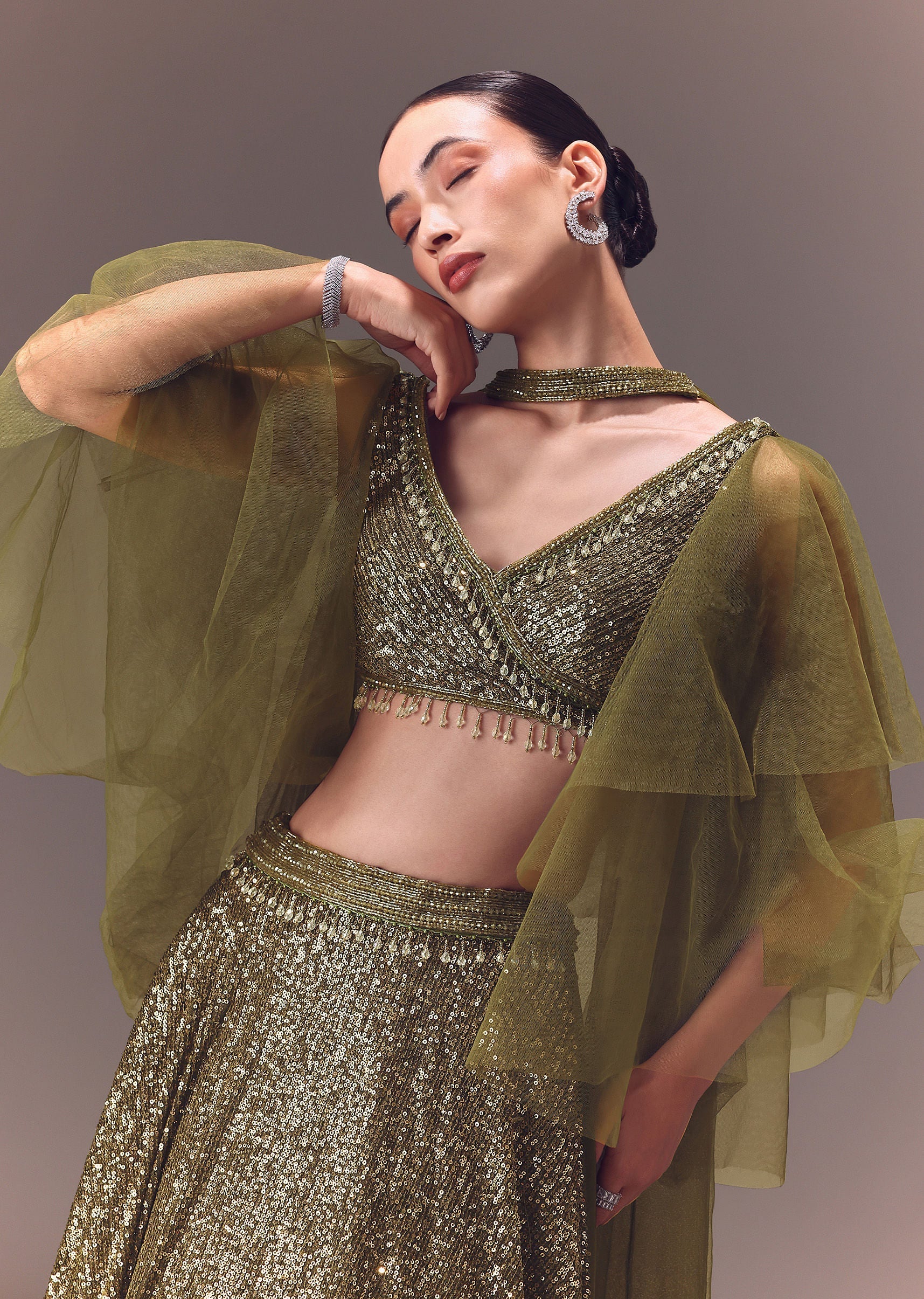 Green Sequin Frill Blouse With Lehenga And Choker Dupatta - Image 2